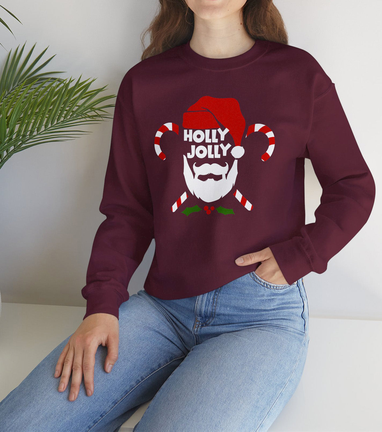 Cozy Unisex  sweatshirt with warm fleece and festive Holly Jolly Christmas print worn by holidays entousiast BimBangDesign