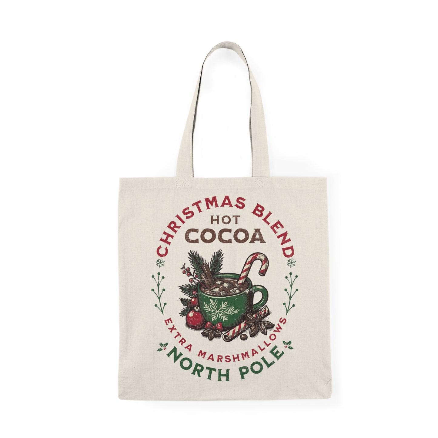 Eco-friendly Christmas tote bag featuring a cozy hot cocoa holiday design. Perfect for shopping, gift carrying, and festive outings.