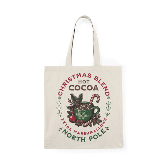 Eco-friendly Christmas tote bag featuring a cozy hot cocoa holiday design. Perfect for shopping, gift carrying, and festive outings.