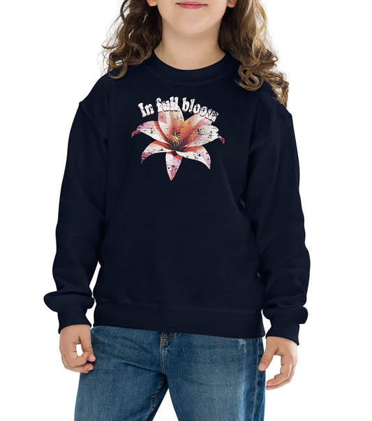 In Full Bloom Gildan 18000B kids sweatshirt – colorful floral positive vibes design by BimBangDesign