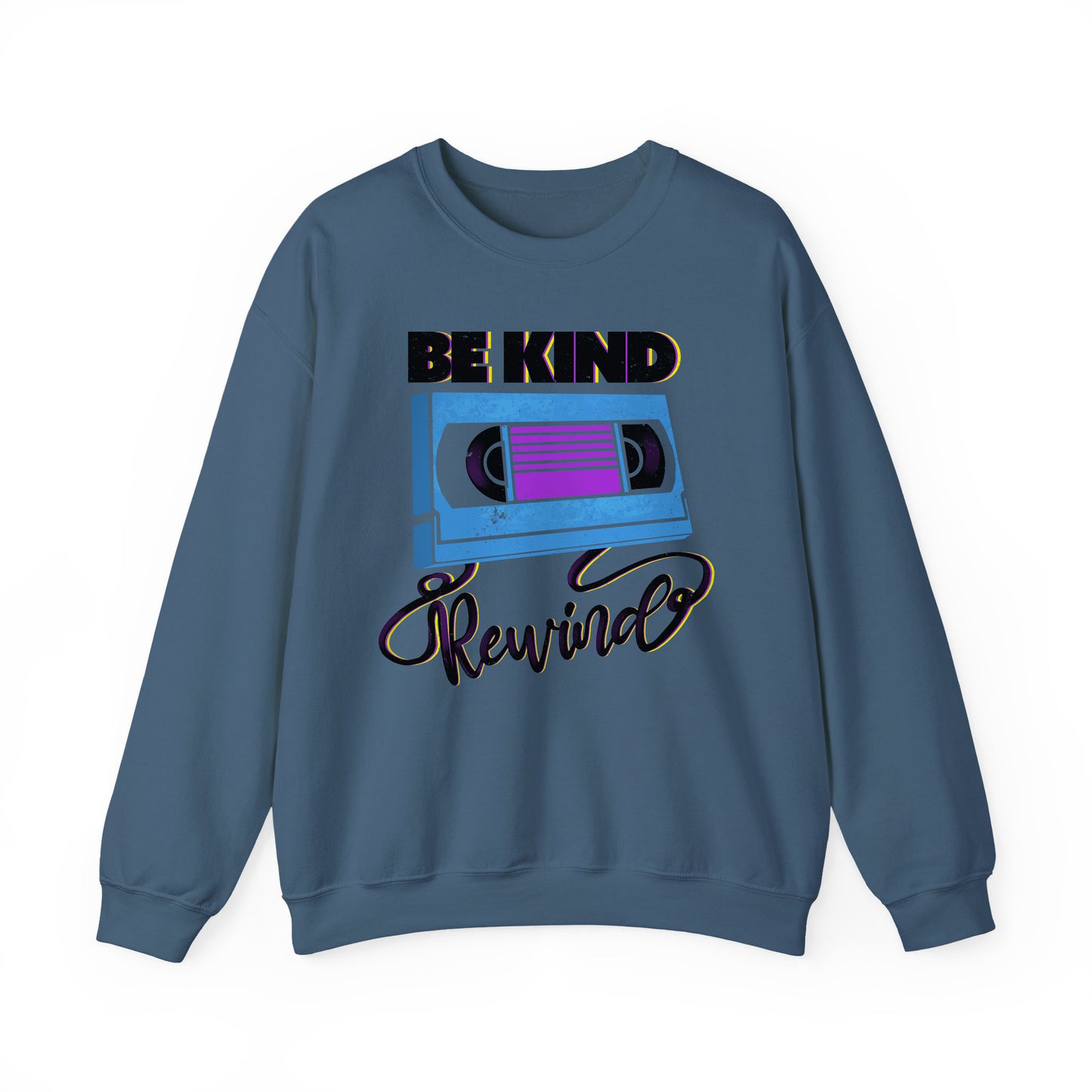 Indigo blue Be Kind Rewind White Sweatshirt, retro typographic style, VHS inspiration for vintage lovers BimBangDesign
