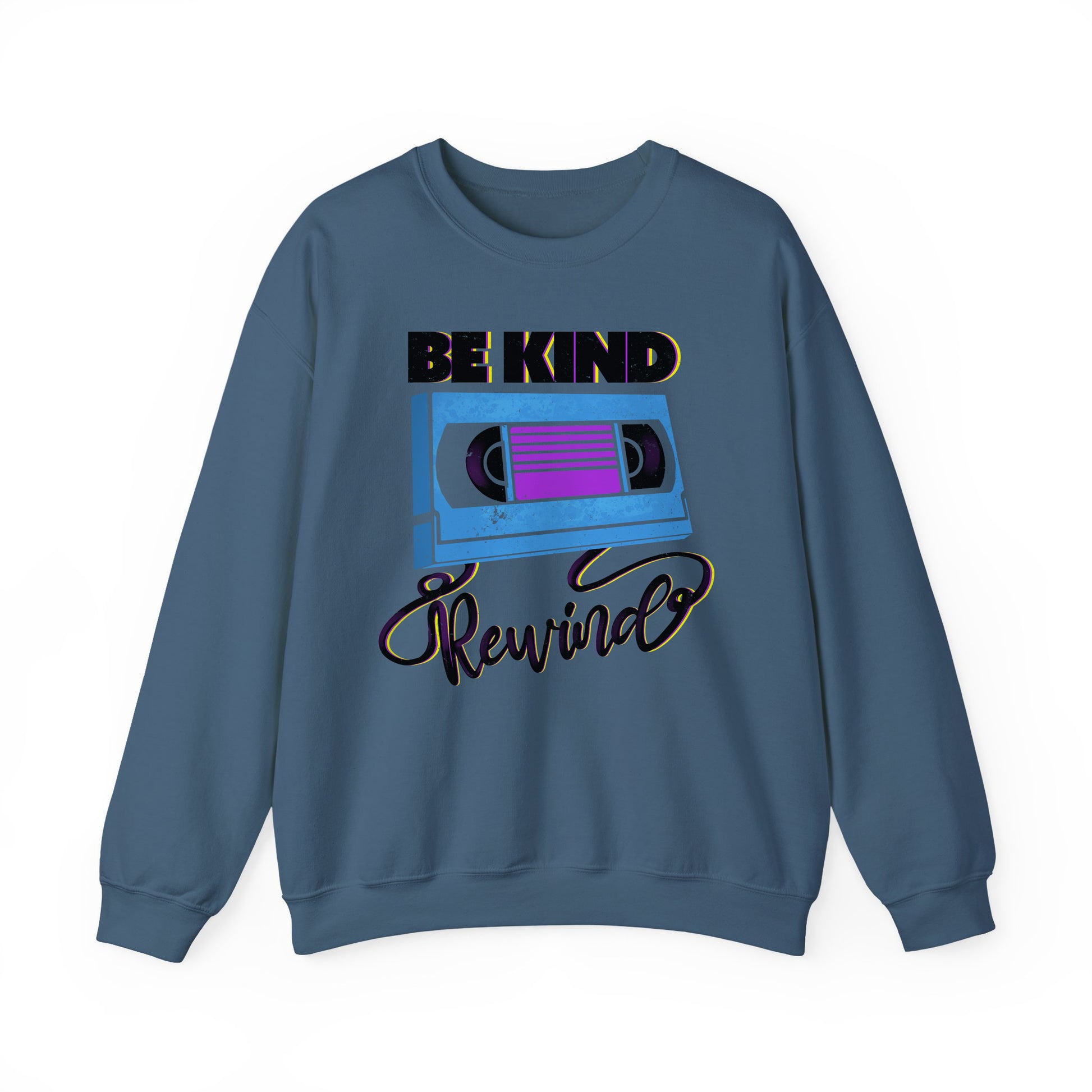 Indigo blue Be Kind Rewind White Sweatshirt, retro typographic style, VHS inspiration for vintage lovers BimBangDesign