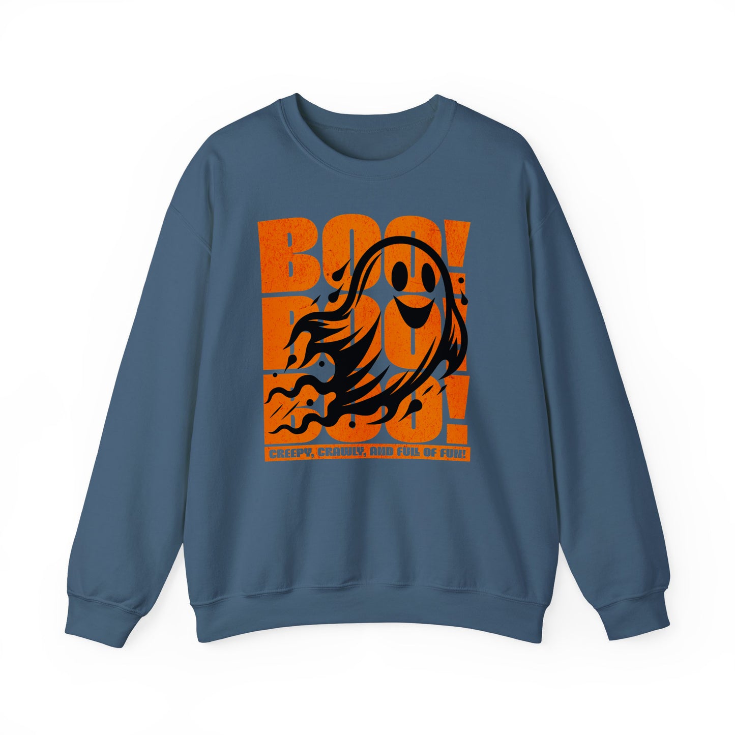 Indigo blue Boo Boo Boo Halloween sweatshirt featuring a cute ghost design – cozy fall fashion by BimBangDesign