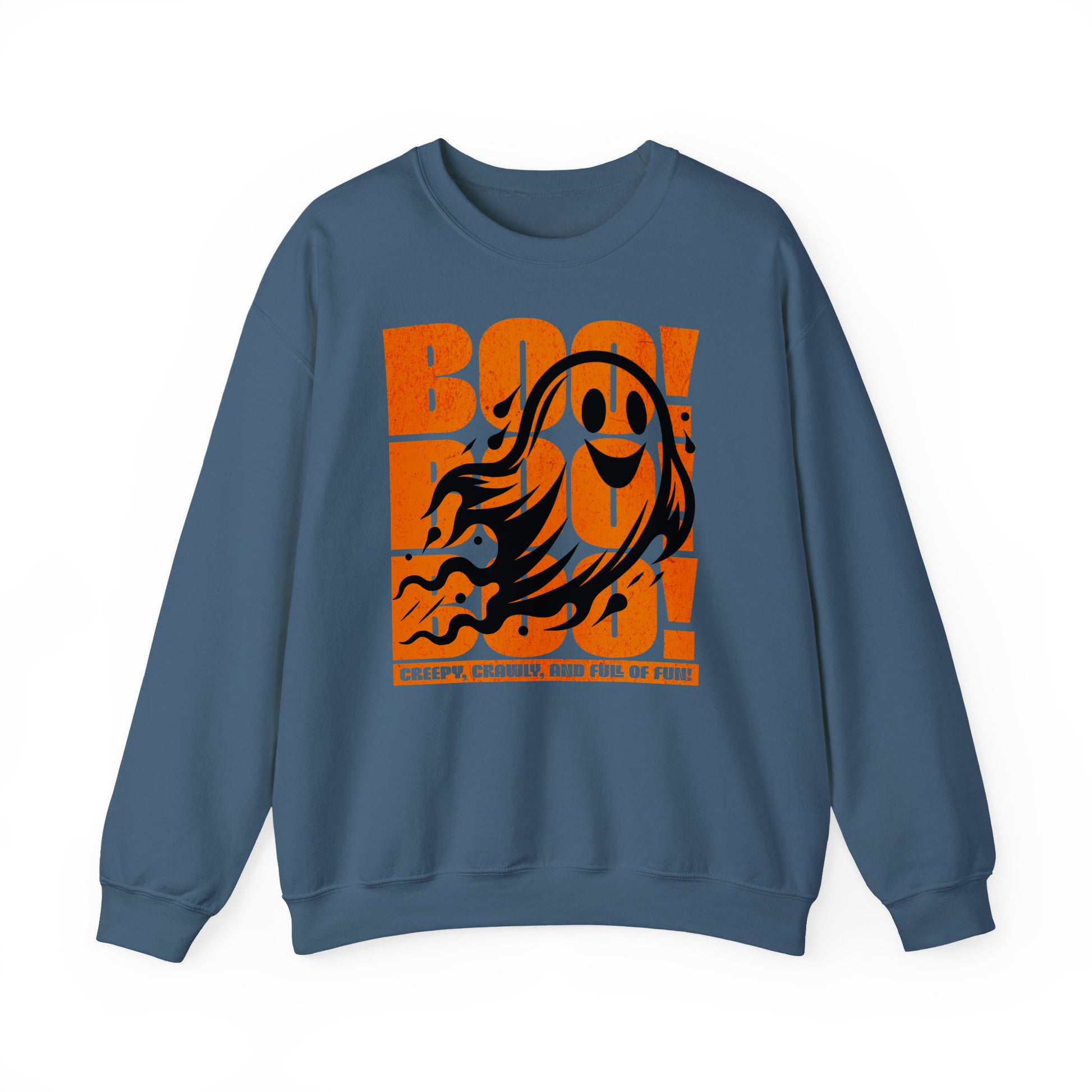 Indigo blue Boo Boo Boo Halloween sweatshirt featuring a cute ghost design – cozy fall fashion by BimBangDesign
