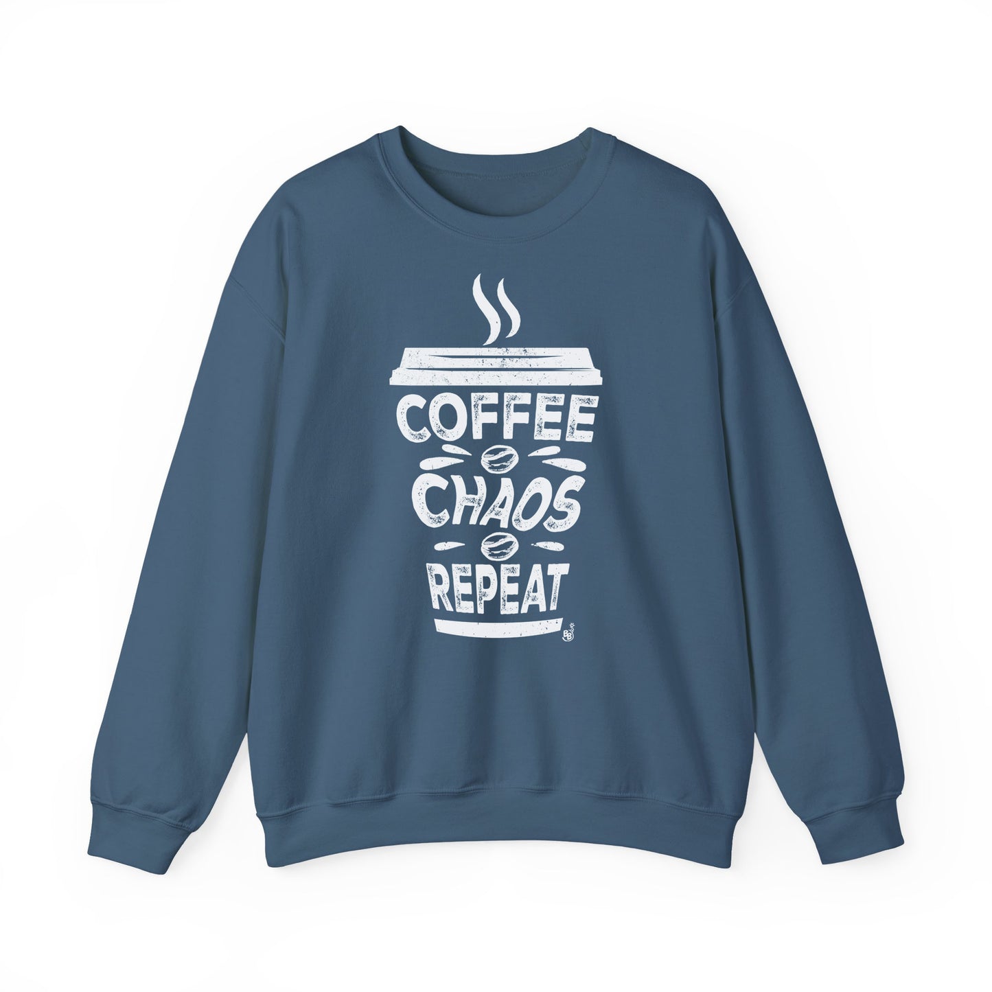 Indigo Blue Coffee Chaos Repeat Sweatshirt for all coffee lovers on the go BimBangDesign 