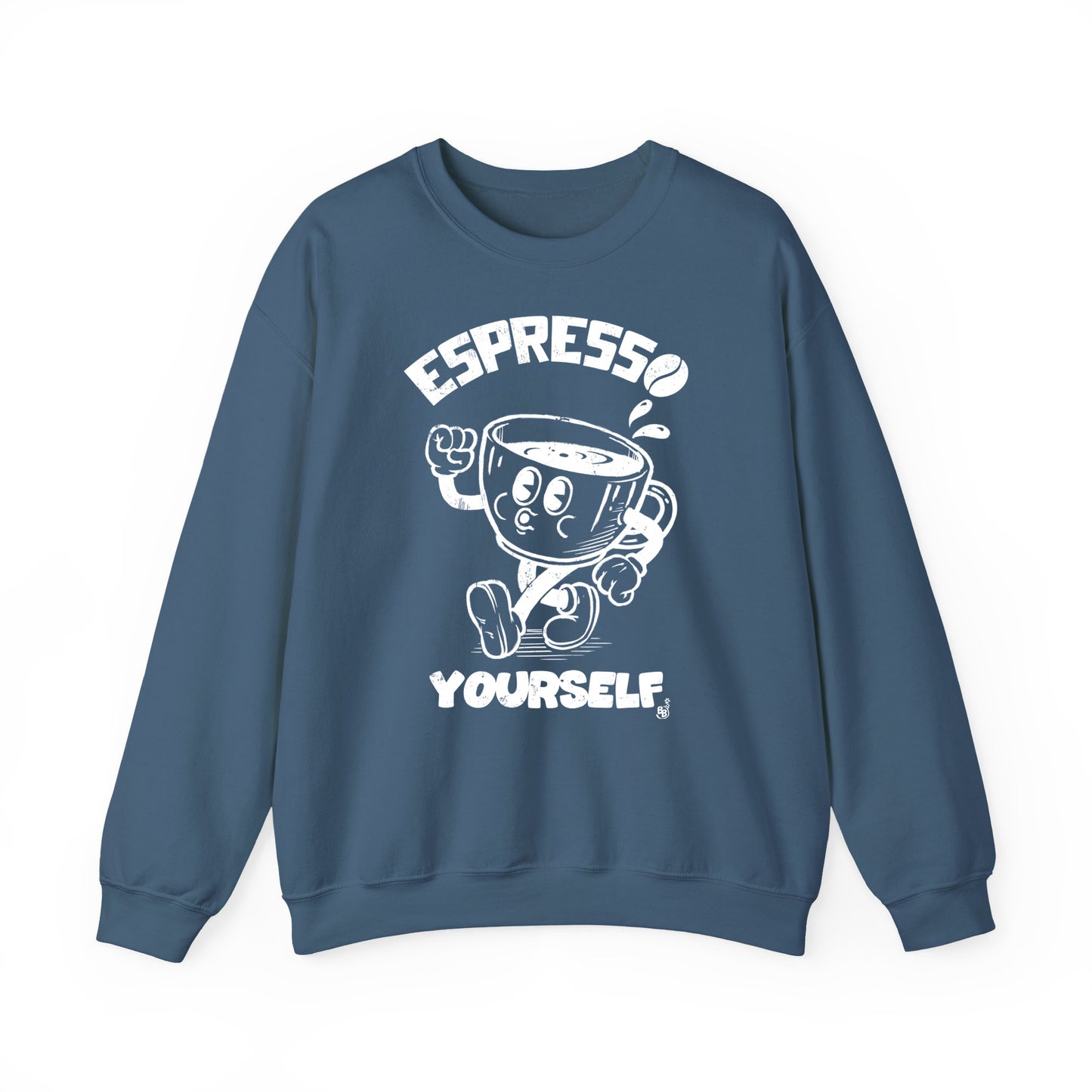 Cartoon Espresso Yourself Indigo  Sweatshirt with a coffee cup illustration for espresso coffee lovers BimBangDesignlue