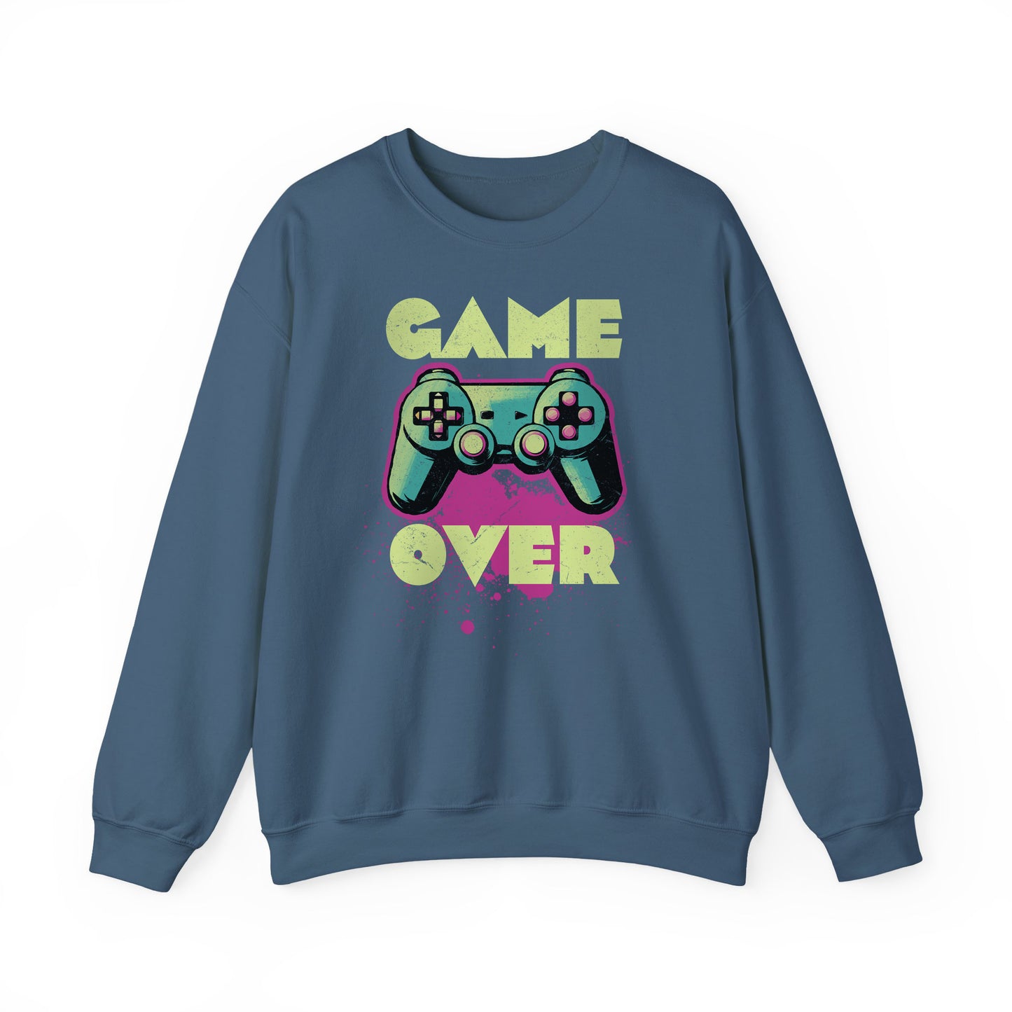 Indigo Blue Game Over sweatshirt retro neon colors art for gamers BimBangDesign