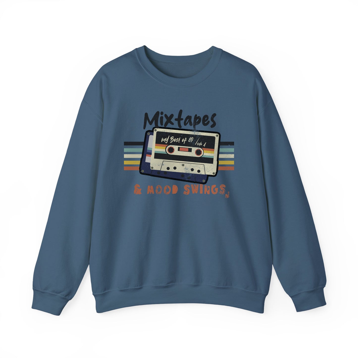 Mixtapes & Mood Swings vintage typography on a Indigo Blue Sweatshirt for vintage vibe hunters BimBangDesign