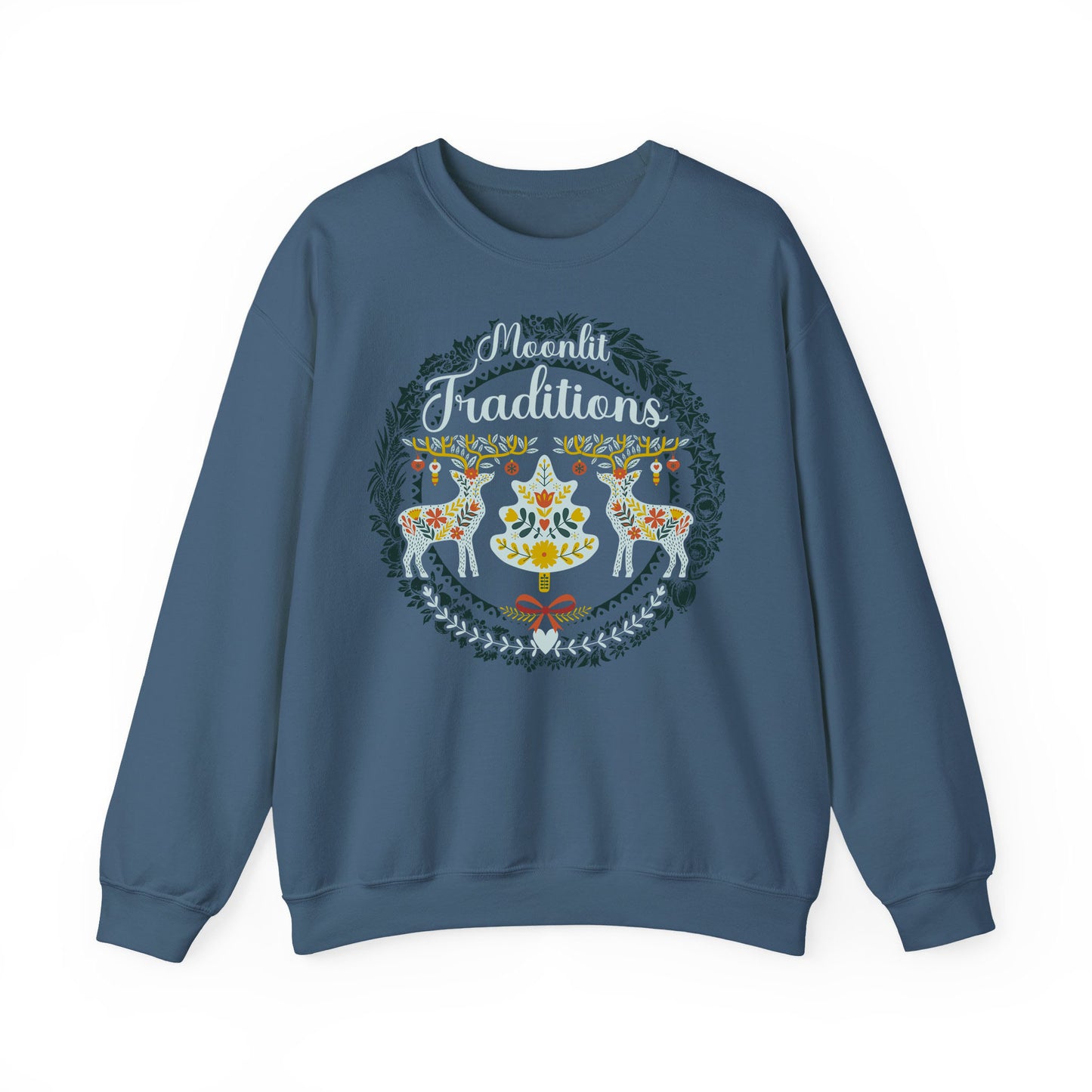 Indigo Blue Winter-themed Cozy Christmas sweatshirt with classic European-style holiday illustration