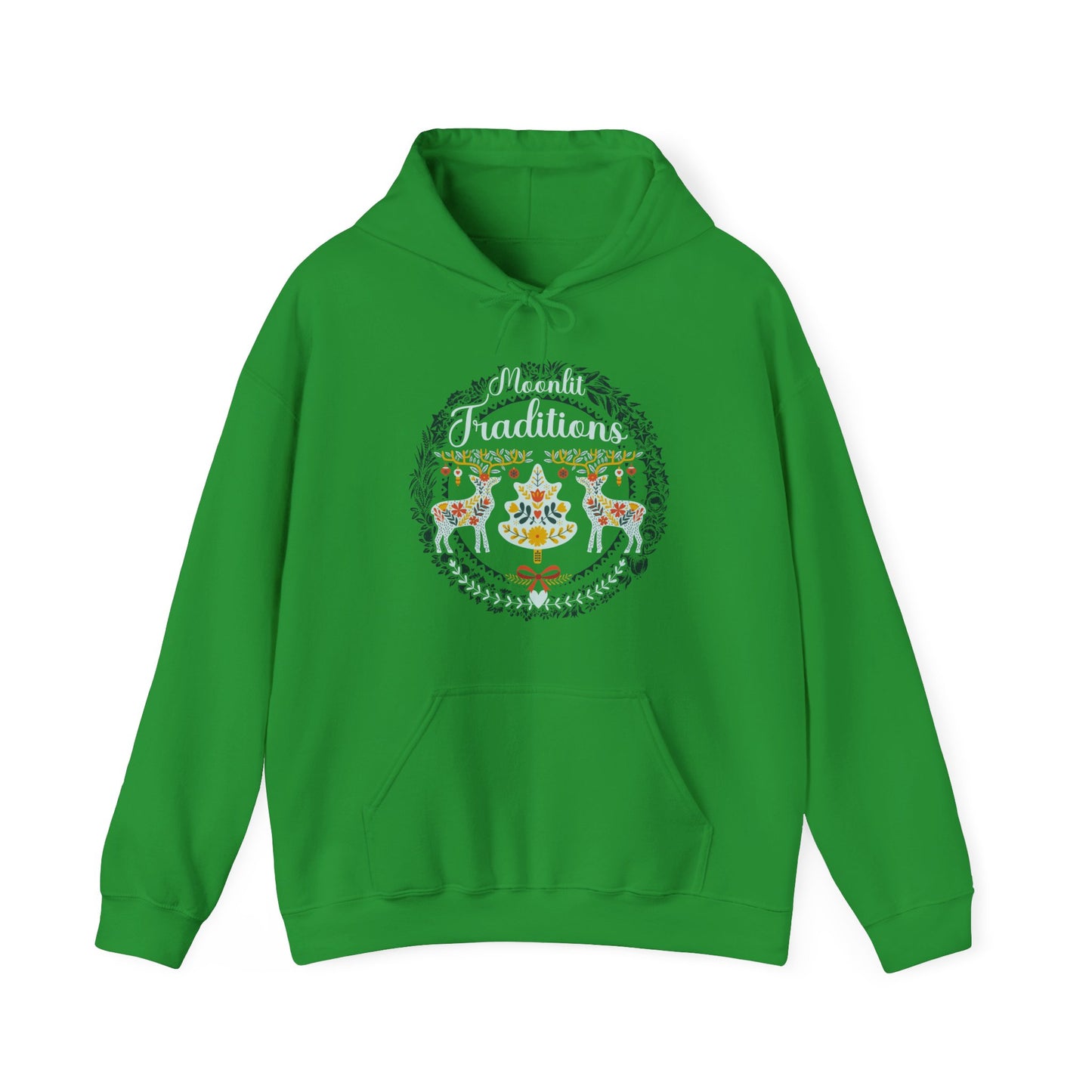 Irish Green Winter-themed Cozy Christmas hoodie with classic European-style holiday illustration