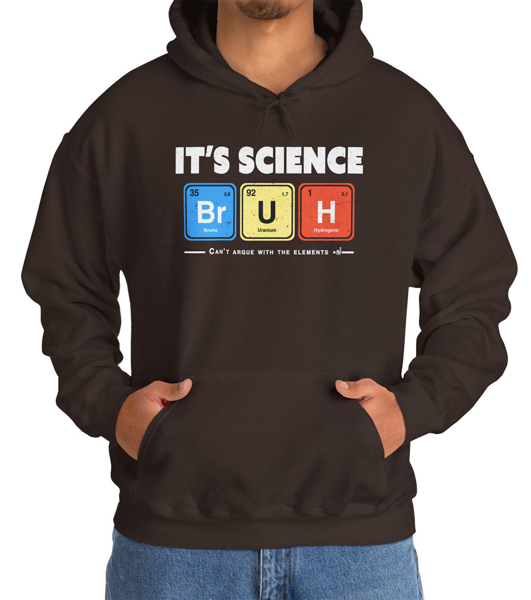 Geeky and funny chemistry hoodie with bold white lettering and periodic table squares. BimBangDesign