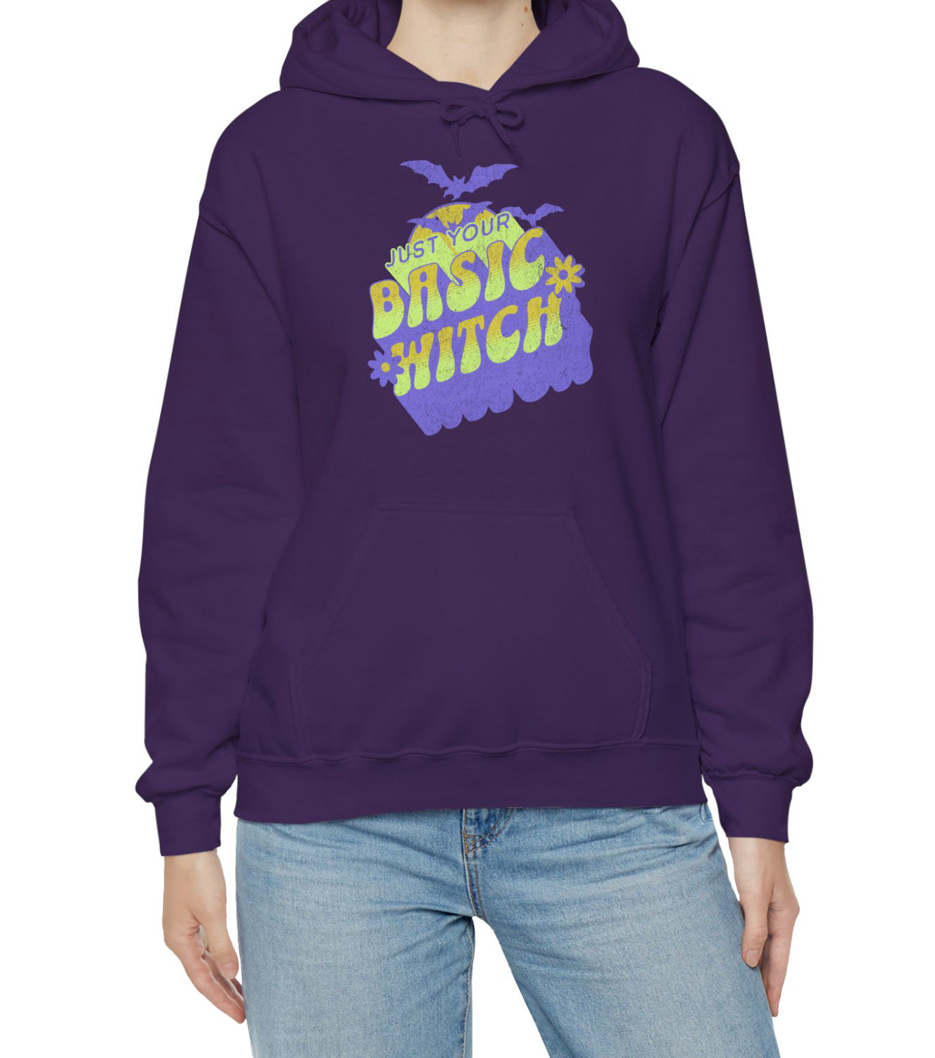 Unisex “Just Your Basic Witch” Halloween hoodie with witchy print — cozy fall fashion with playful attitude. BimBangDesign
