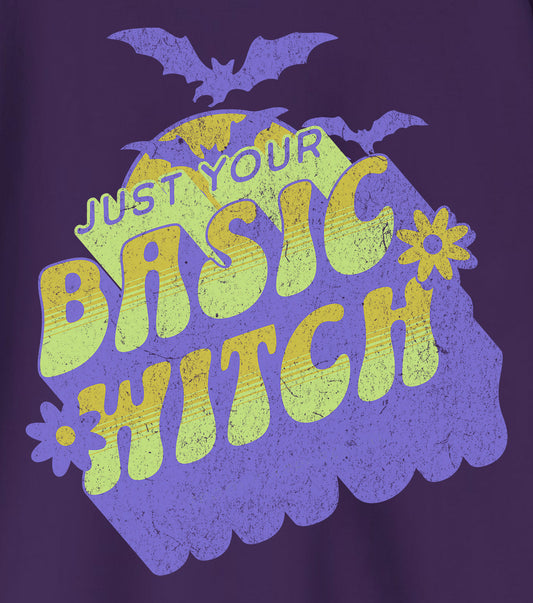 Unisex “Just Your Basic Witch” Halloween hoodie details — cozy fall fashion with playful attitude. BimBangDesign