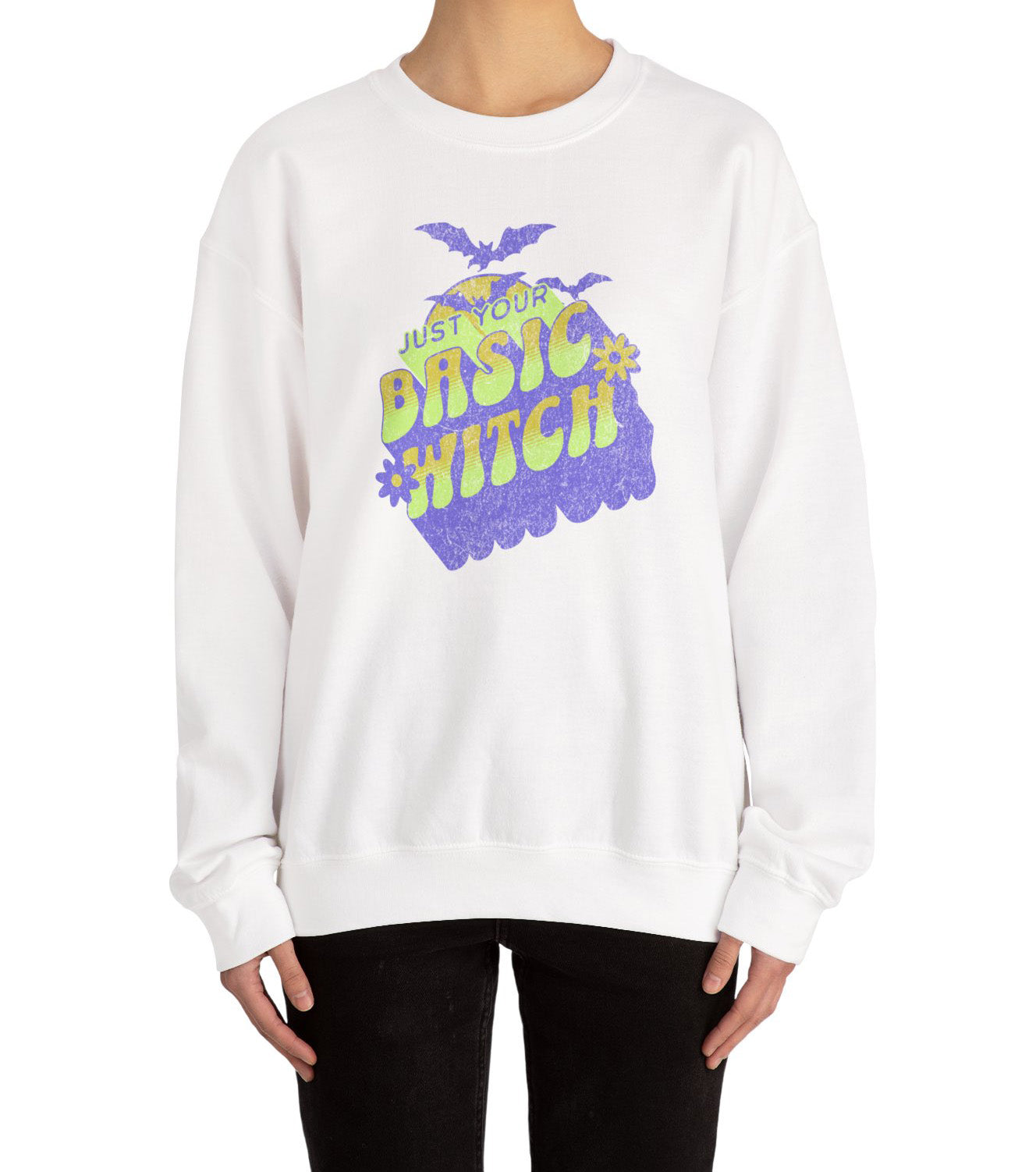 Unisex “Just Your Basic Witch” Halloween sweatshirt with witchy print — cozy fall fashion with playful attitude.
