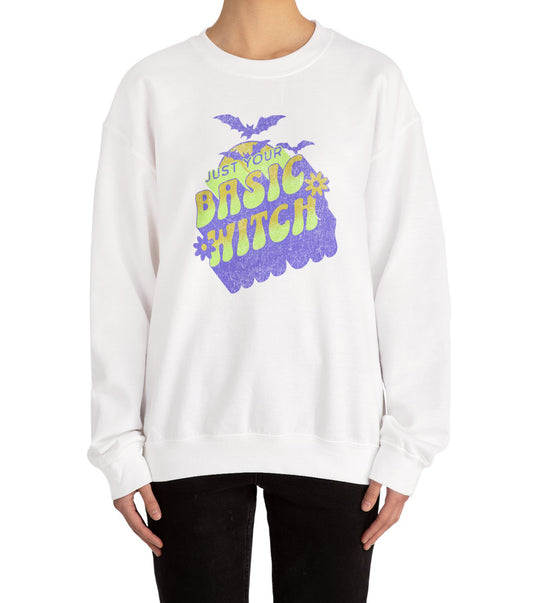 Unisex “Just Your Basic Witch” Halloween sweatshirt with witchy print — cozy fall fashion with playful attitude.