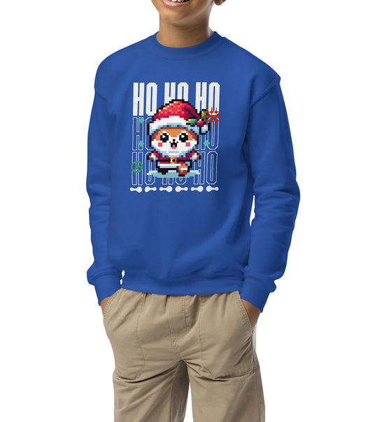 Cute and cozy holiday pixel art Christmas sweater for kids in festive colors.