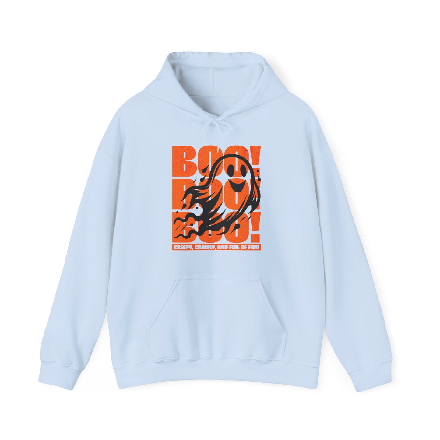 Light blue Playful ghost design with triple “Boo” text – fun Halloween unisex hoodie by BimBangDesign.
