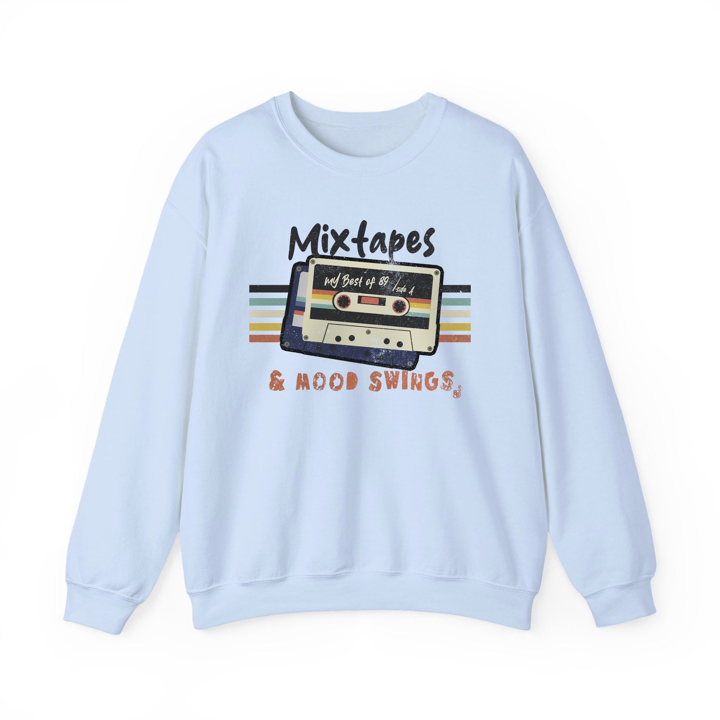 Mixtapes & Mood Swings vintage typography on a Light Blue Sweatshirt for vintage vibe hunters BimBangDesign