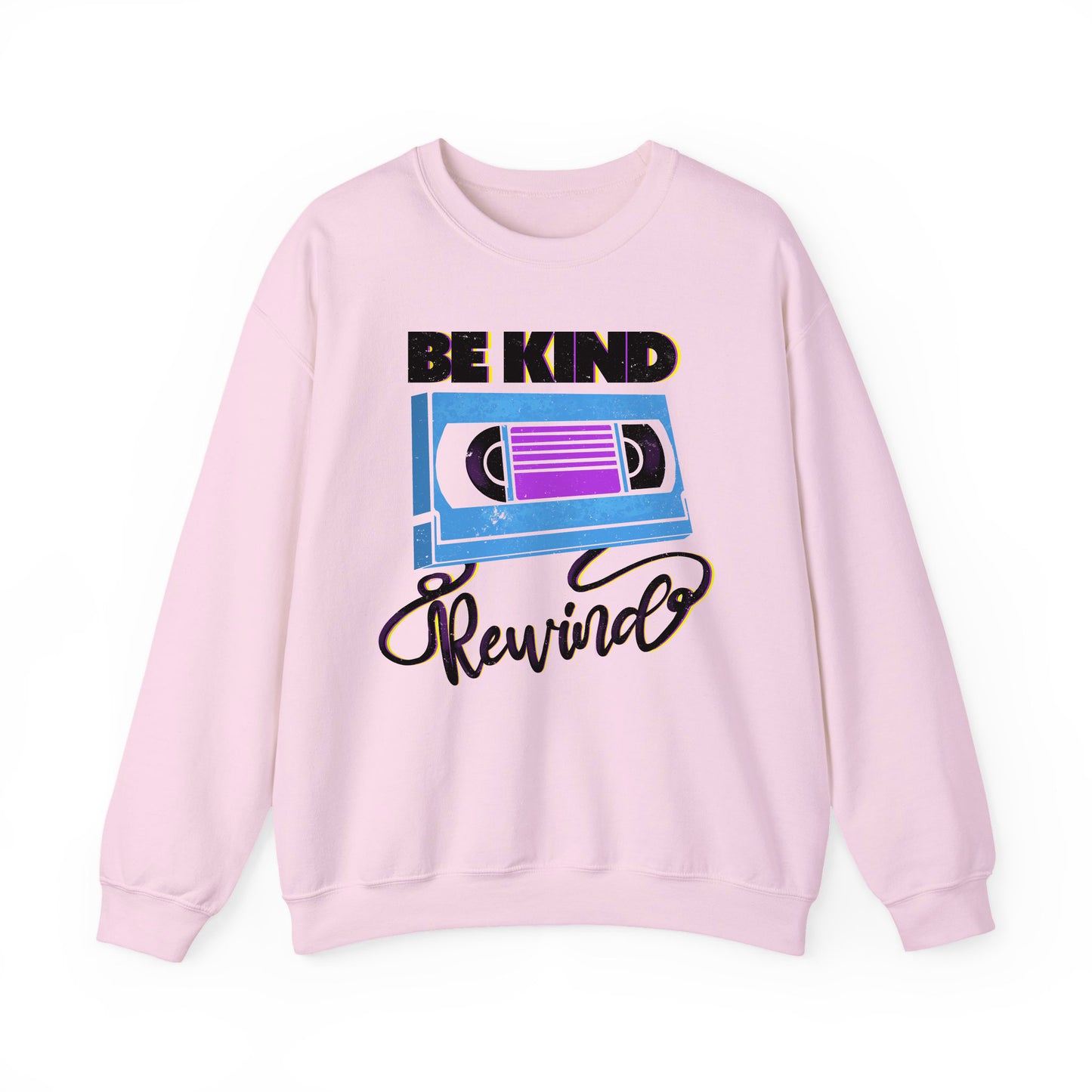 Light pink Be Kind Rewind White Sweatshirt, retro typographic style, VHS inspiration for vintage lovers BimBangDesign