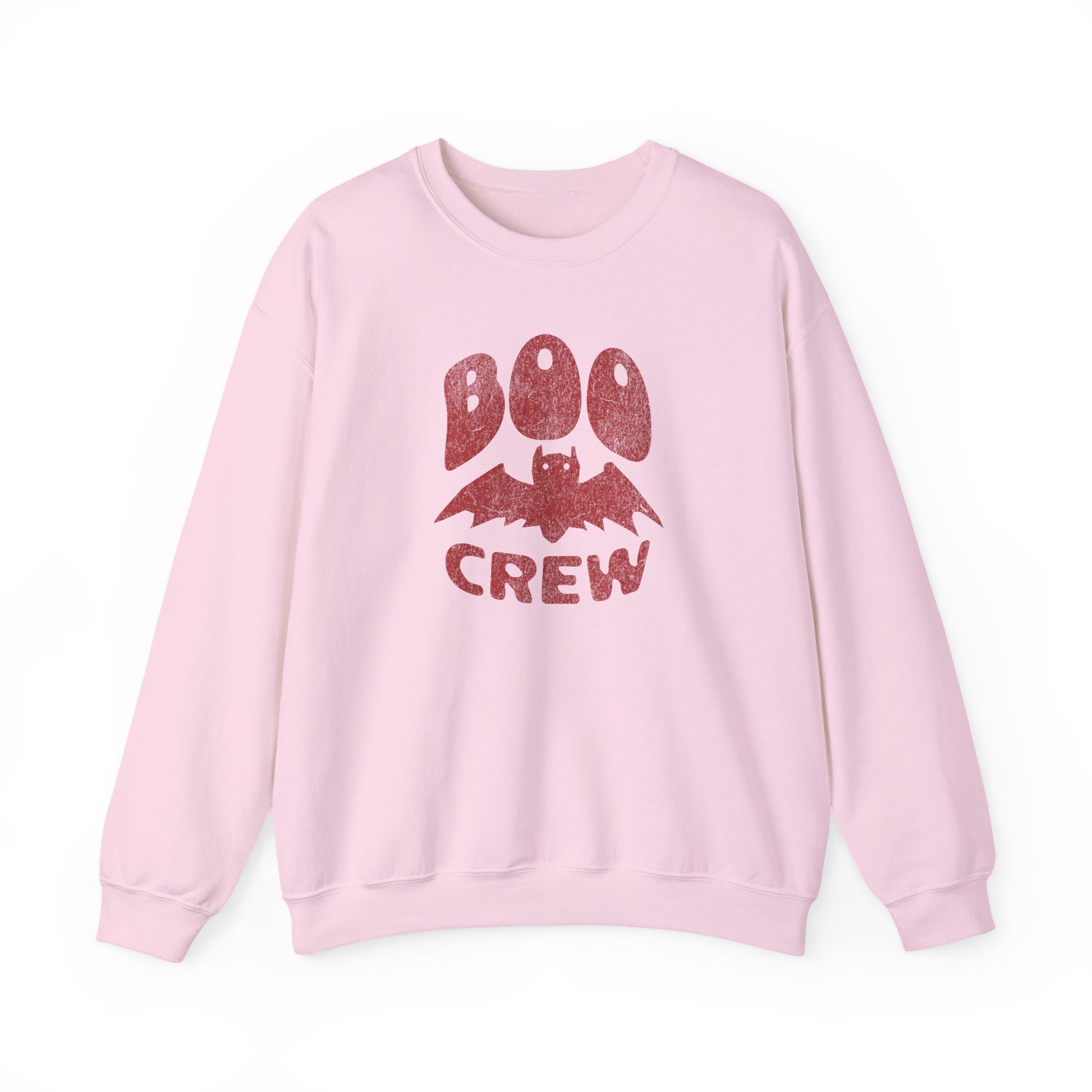 Light Pink Boo Crew Halloween sweatshirt with cute bat illustration – cozy unisex fall pullover by BimBangDesign