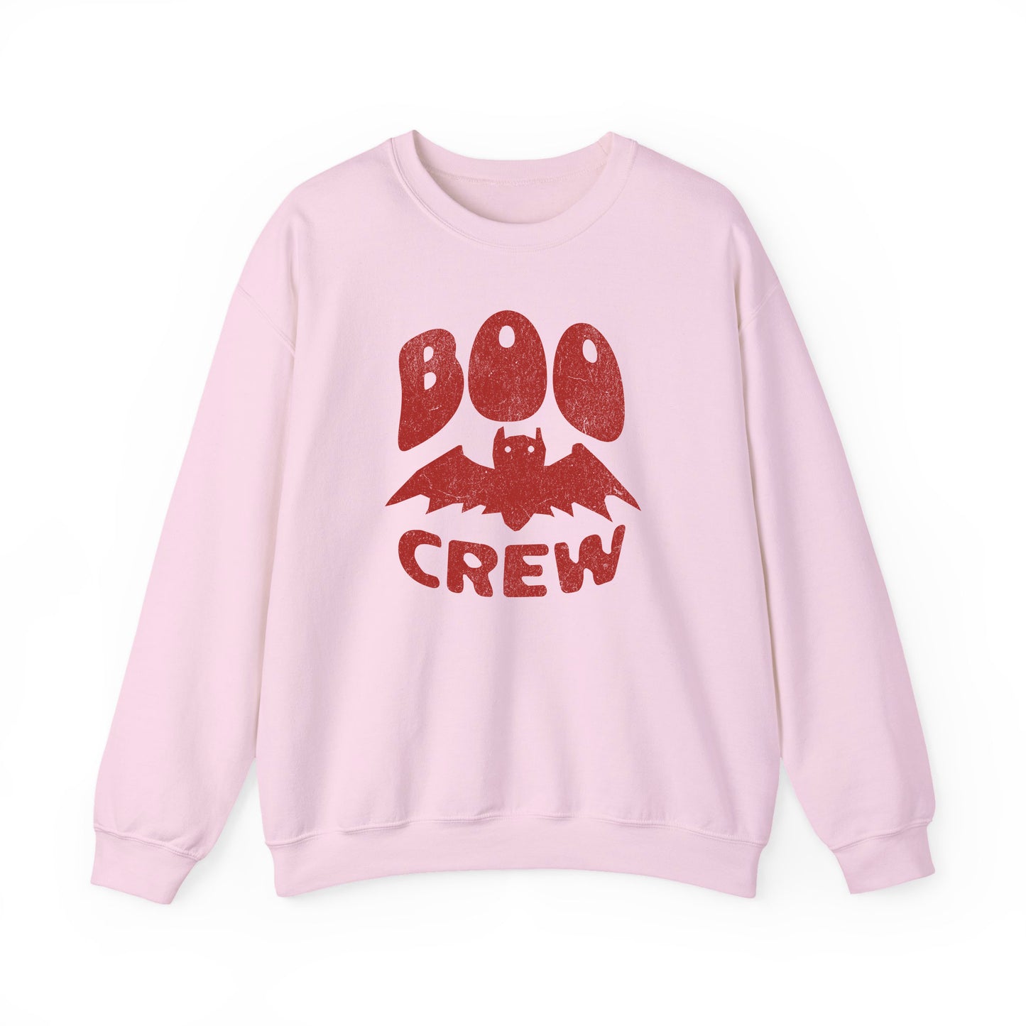 Light Pink Boo Crew Halloween sweatshirt with cute bat illustration – cozy unisex fall pullover by BimBangDesign