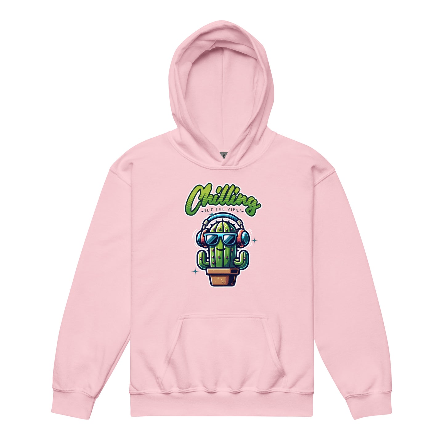 Light Pink Chilling Out the Vibes music-themed hoodie for kids with funny cartoon cactus design, BimBangDesign
