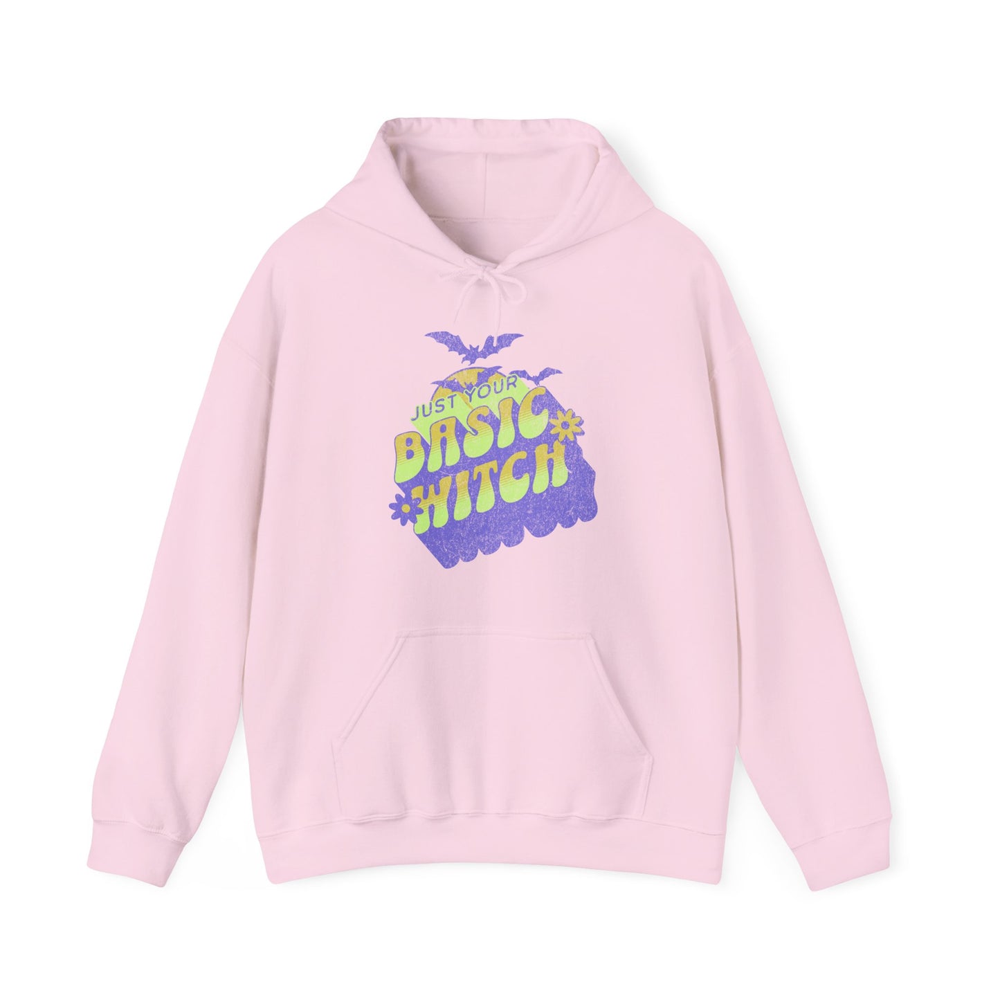 Light Pink Unisex “Just Your Basic Witch” Halloween hoodie with witchy print — cozy fall fashion with playful attitude. BimBangDesign