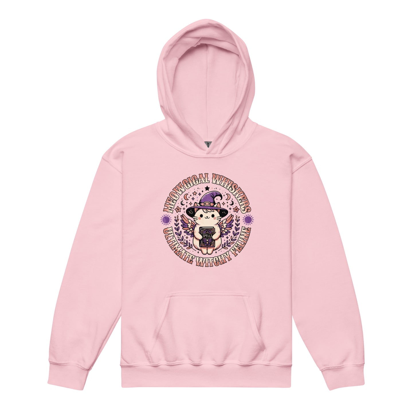 Light Pink Kids Meow Magical Witchy Cat hoodie – cute little cat with witch hat by BimBangDesign