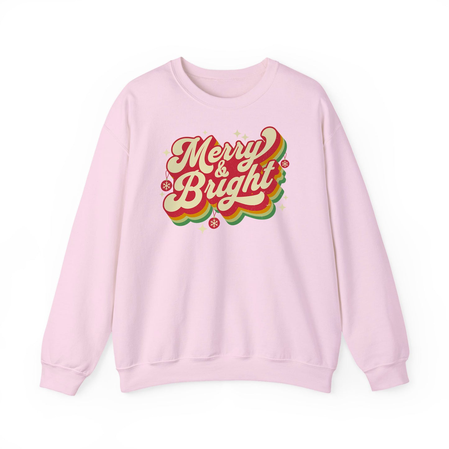 Light Pink Cozy Unisex Christmas sweatshirt with warm fleece and festive “Merry & Bright” print BimBangDesign