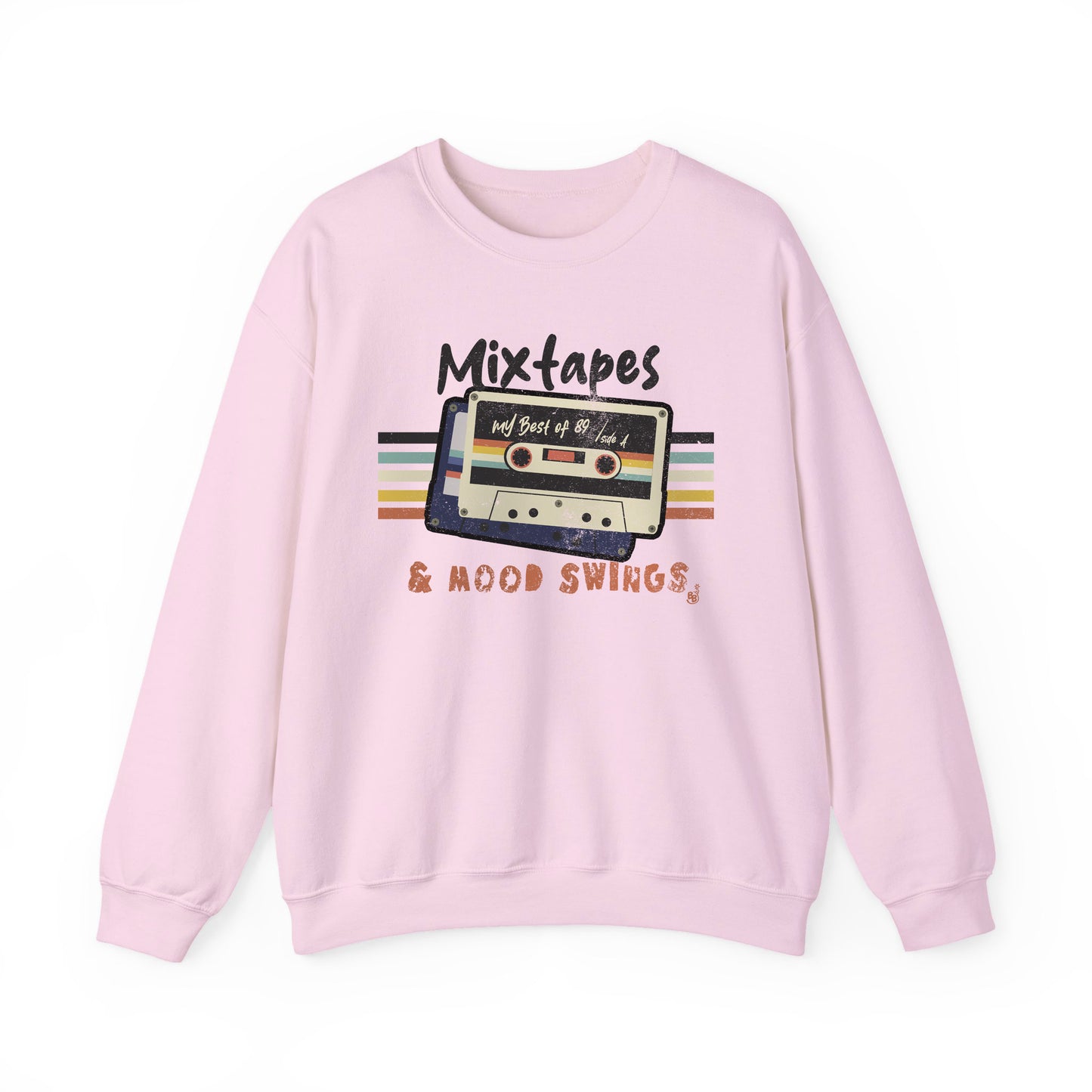 Mixtapes & Mood Swings vintage typography on a Light Pink Sweatshirt for vintage vibe hunters BimBangDesign