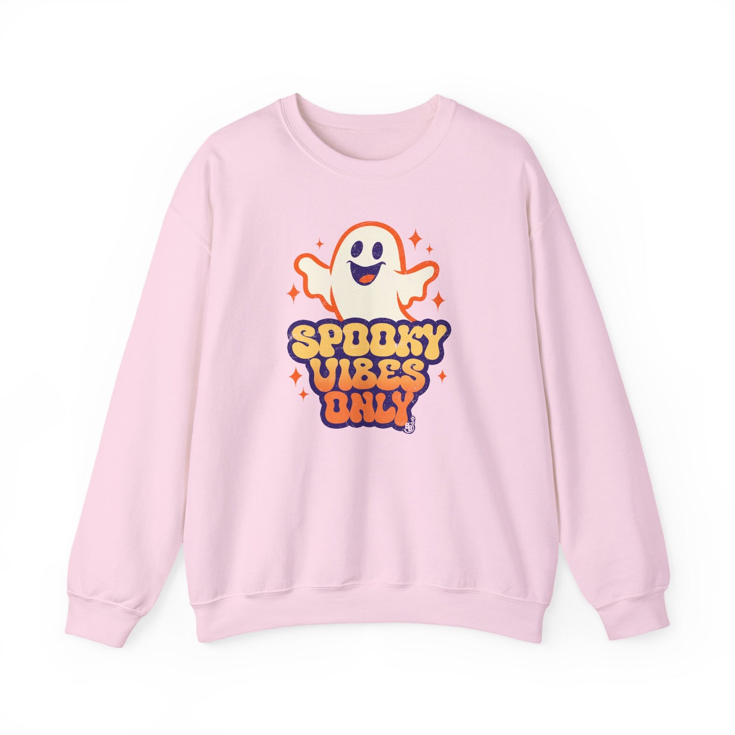 Light Pink Spooky Vibes Only sweatshirt with funny ghost art for adults that love vintage halloween cartoon BimBangDesign