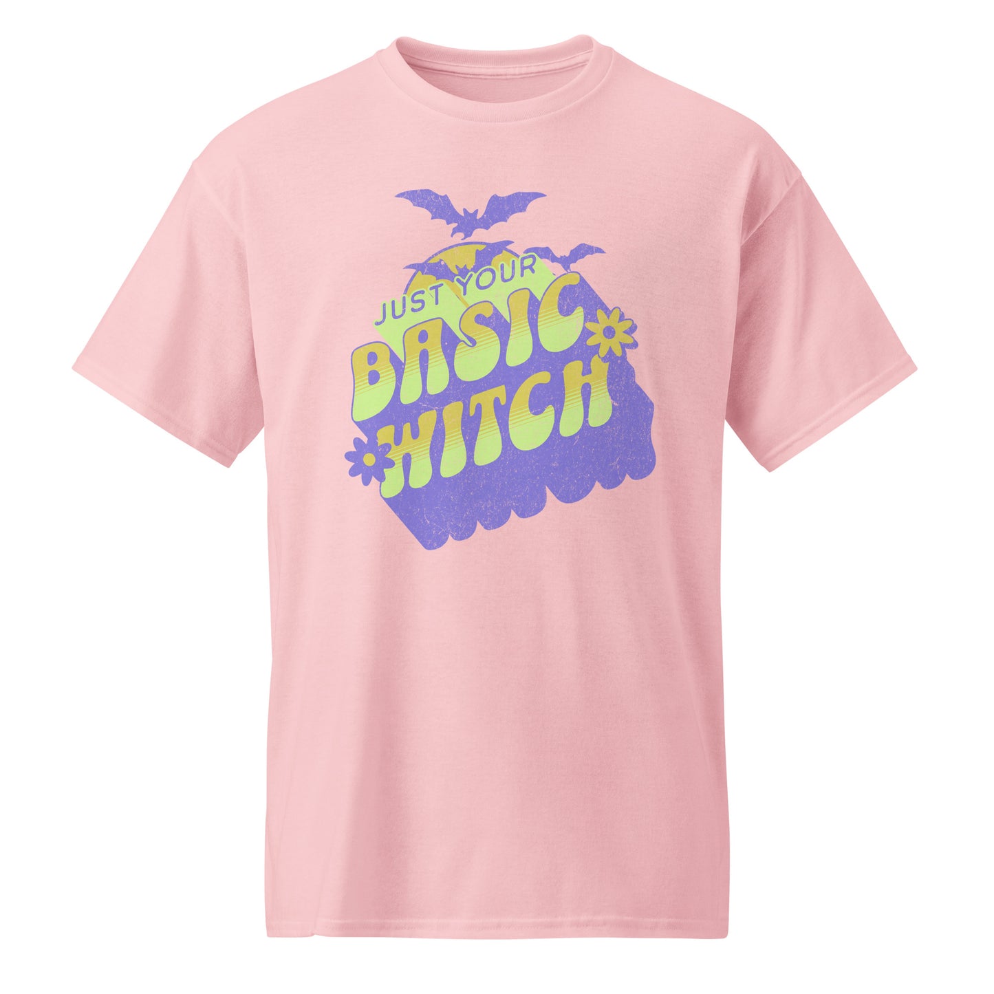 Light Pink Unisex t-shirt with “Just Your Basic Witch” print – fun Halloween tee featuring retro witchy vibes, perfect for casual spooky style. BimBangDesign