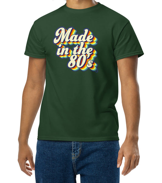 Made in the 80s vintage style T-shirt worn by an adult born in the 80's BimBangDesign