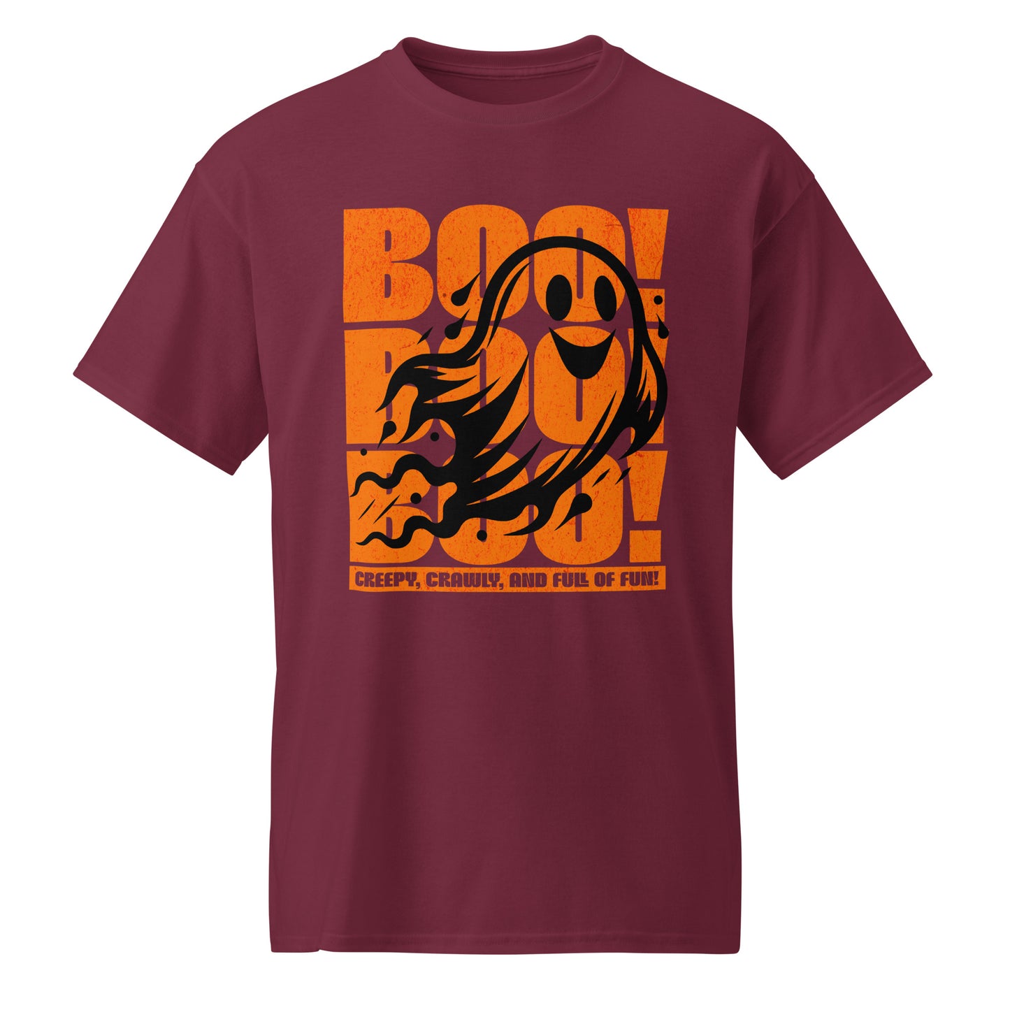 Maroon Playful ghost design with triple “Boo” text – fun Halloween unisex t-shirt by BimBangDesign.