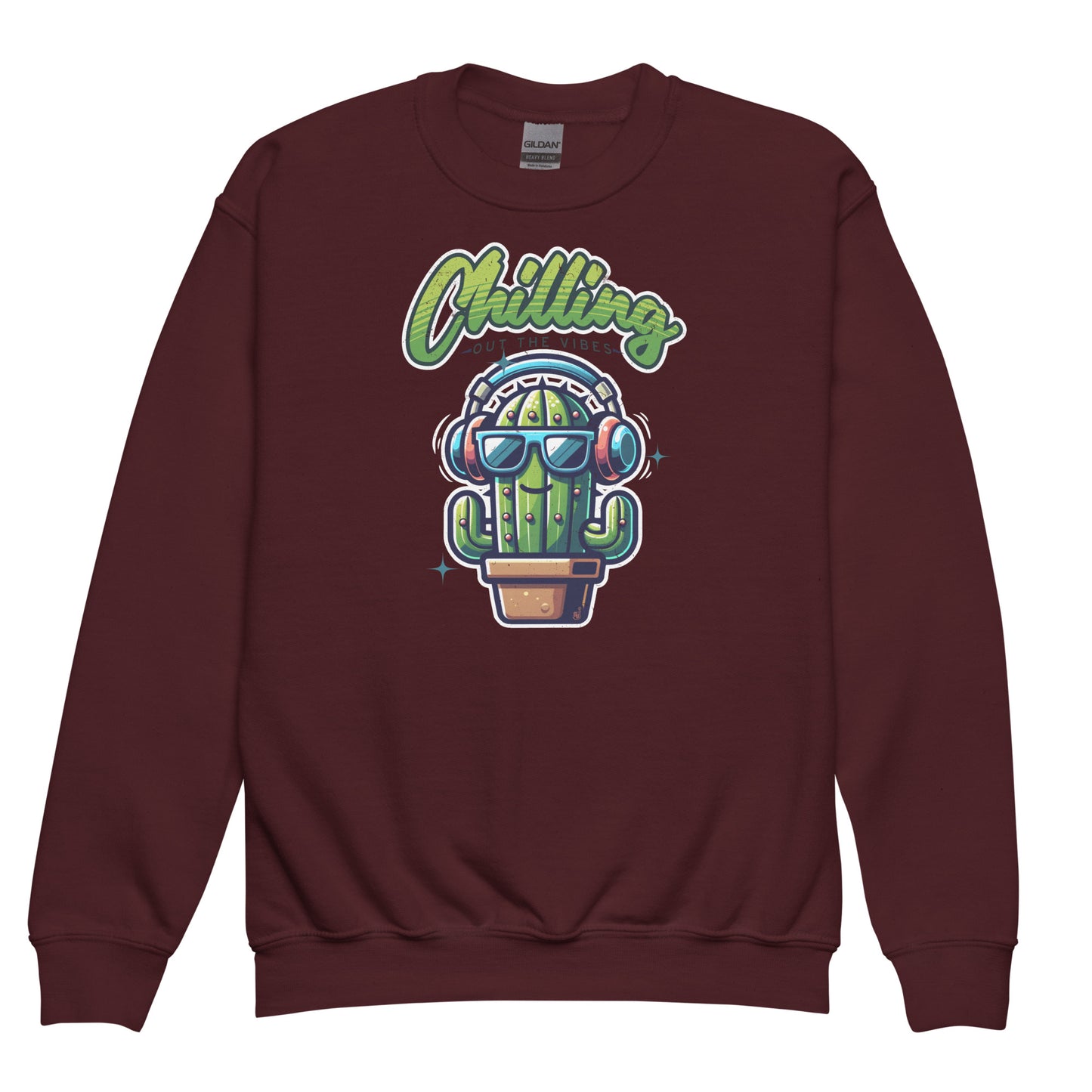 Maroon Chilling Out the Vibes music-themed sweatshirt for kids with funny cartoon cactus design, BimBangDesign