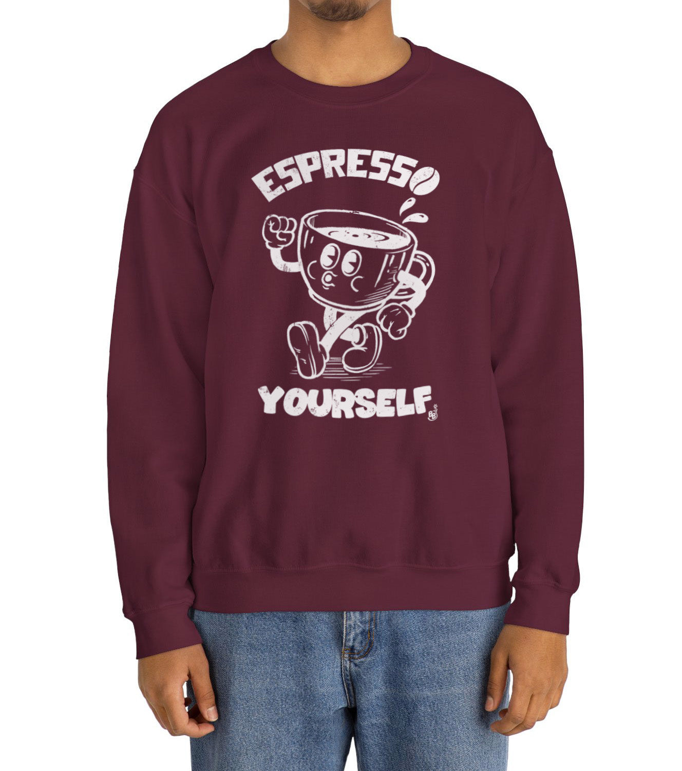 Cartoon Espresso Yourself maroon Sweatshirt with a coffee cup illustration worn by an espresso coffee lover BimBangDesign