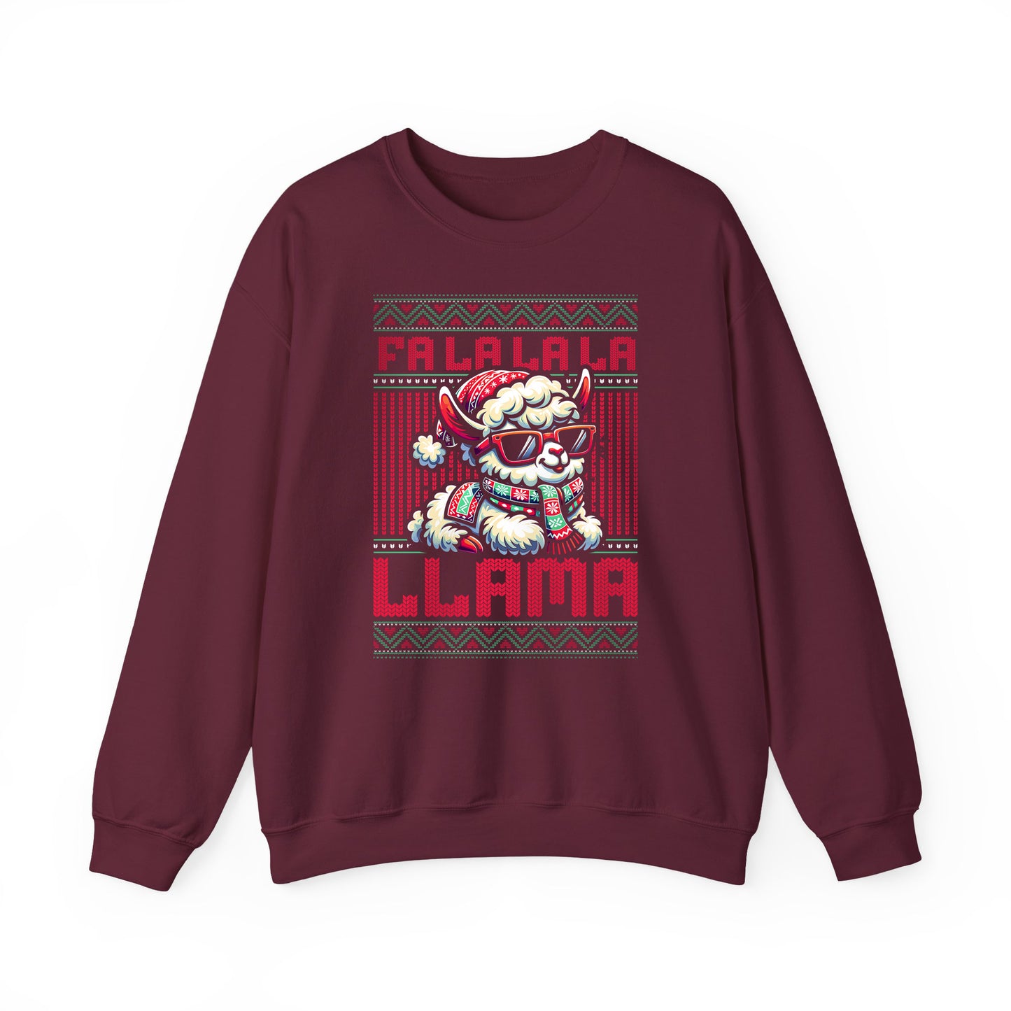 Maroon Cozy Christmas sweatshirt with humorous Fa La La La Llama holiday graphic. BimBangDesign