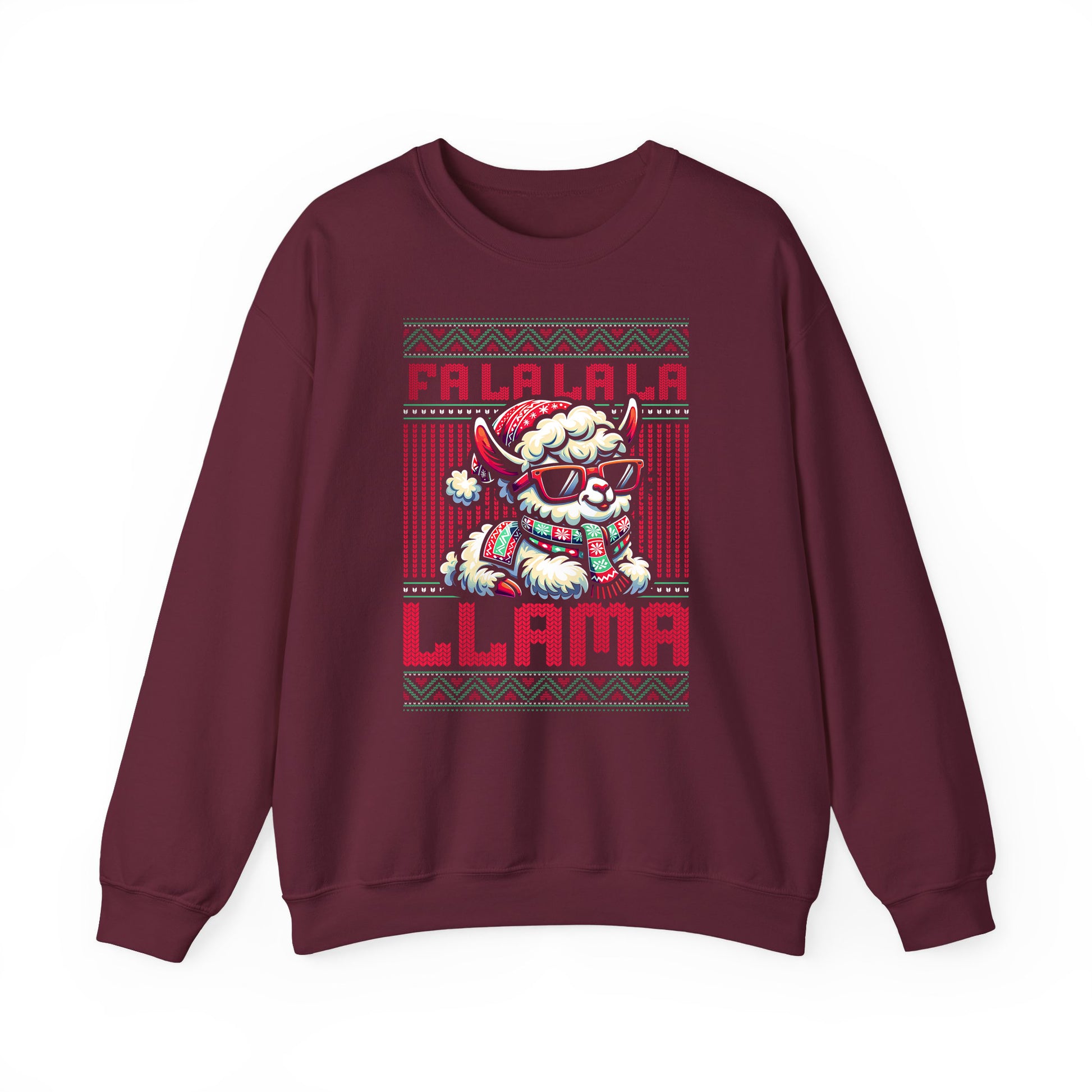 Maroon Cozy Christmas sweatshirt with humorous Fa La La La Llama holiday graphic. BimBangDesign