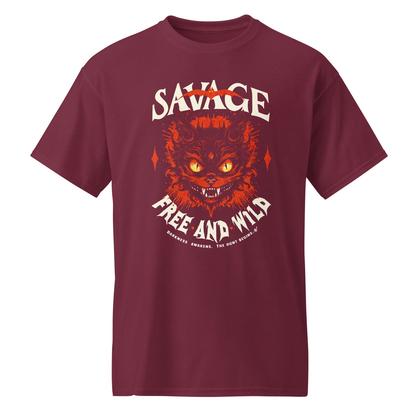 Maroon Unisex “Savage – Wild & Free” t-shirt by BimBangDesign — cozy fleece tee with bold wild spirit print, perfect for everyday wear.