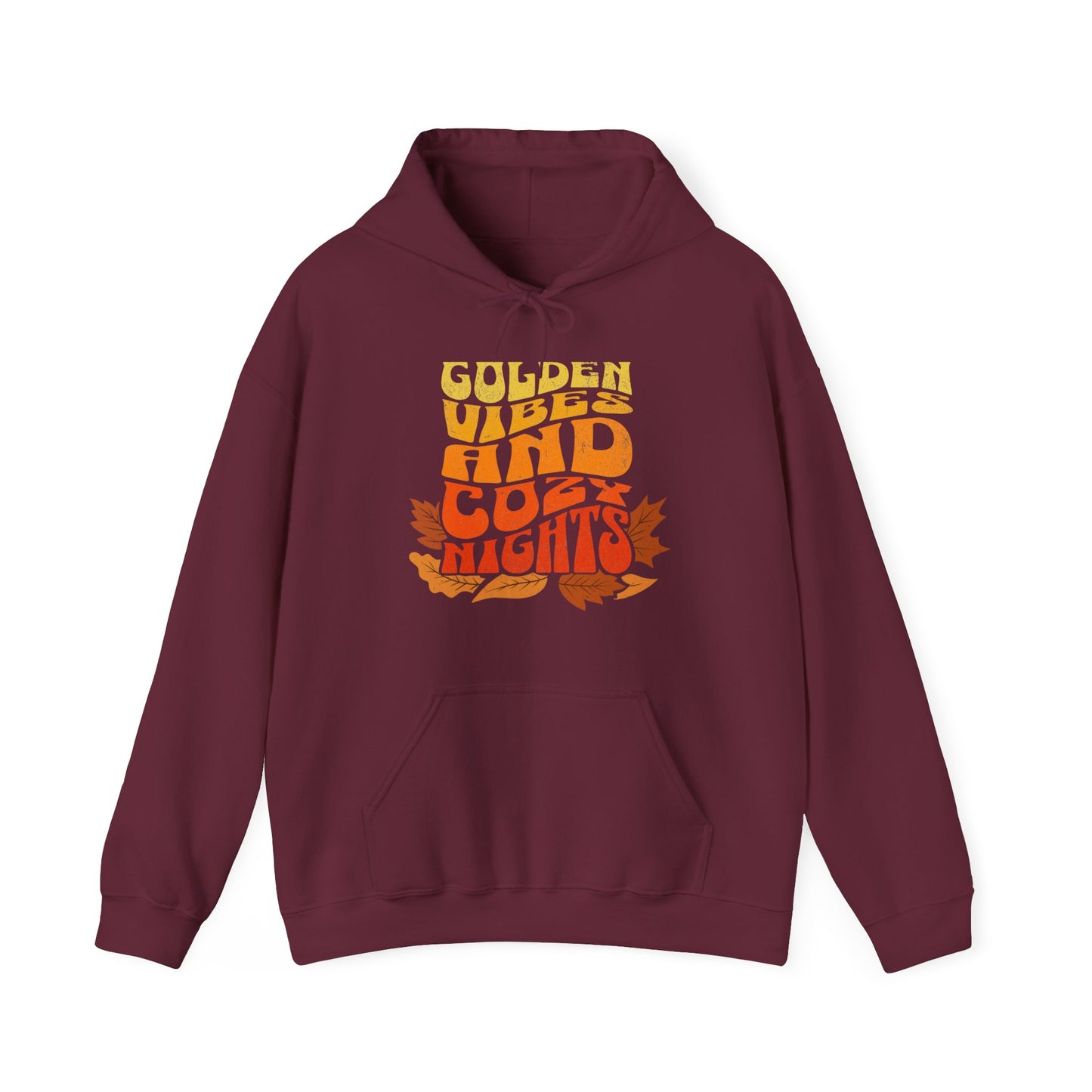 Comfy maroon hoodie with “Golden Vibes and Cozy Nights” text in yellow-to-orange gradient and autumn leafs BimBangDesign