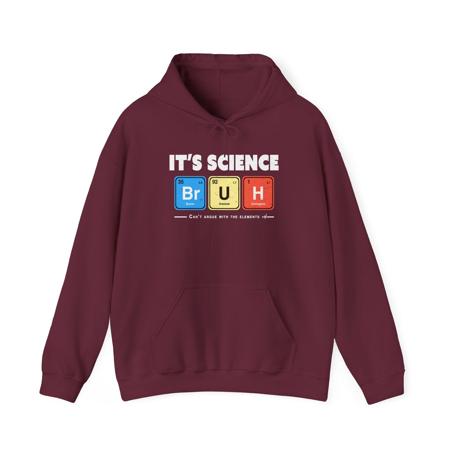 Maroon Geeky and funny chemistry hoodie with bold white lettering and periodic table squares. BimBangDesign