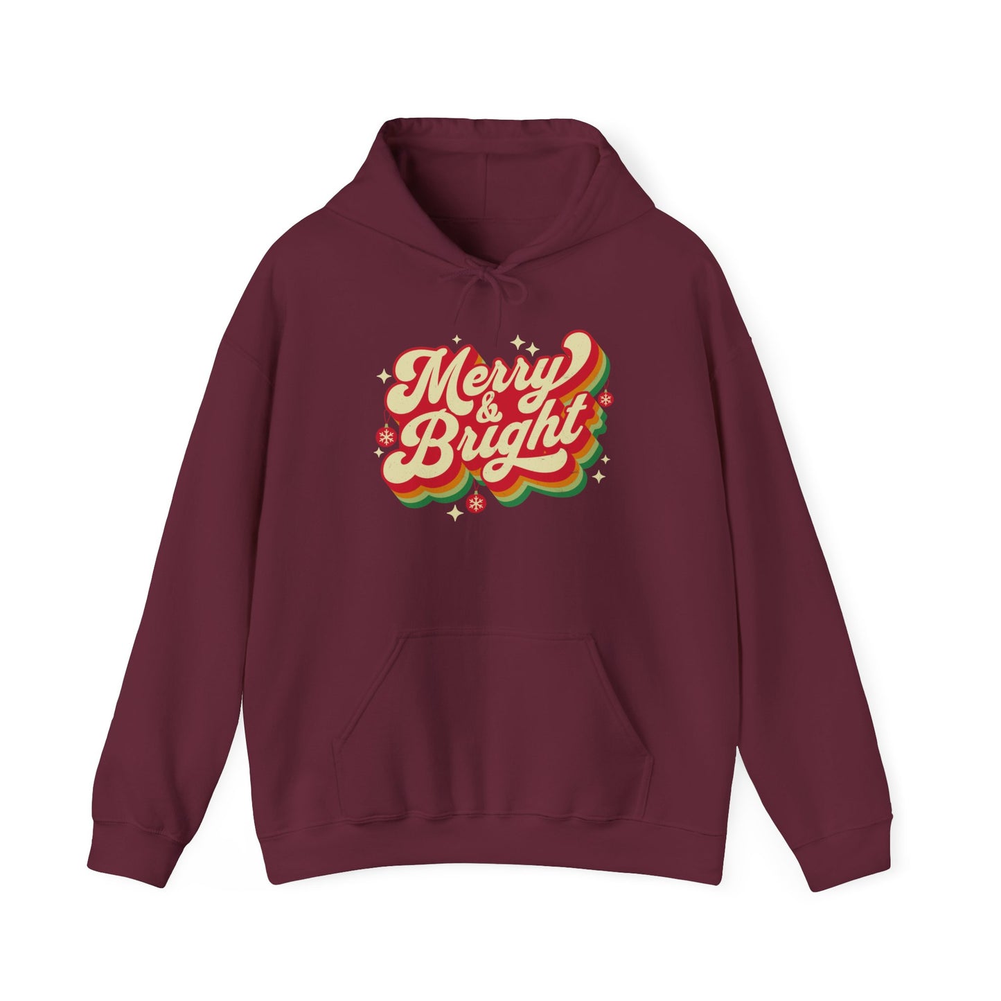 Maroon Cozy Unisex Christmas hoodie with warm fleece and festive “Merry & Bright” print BimBangDesign