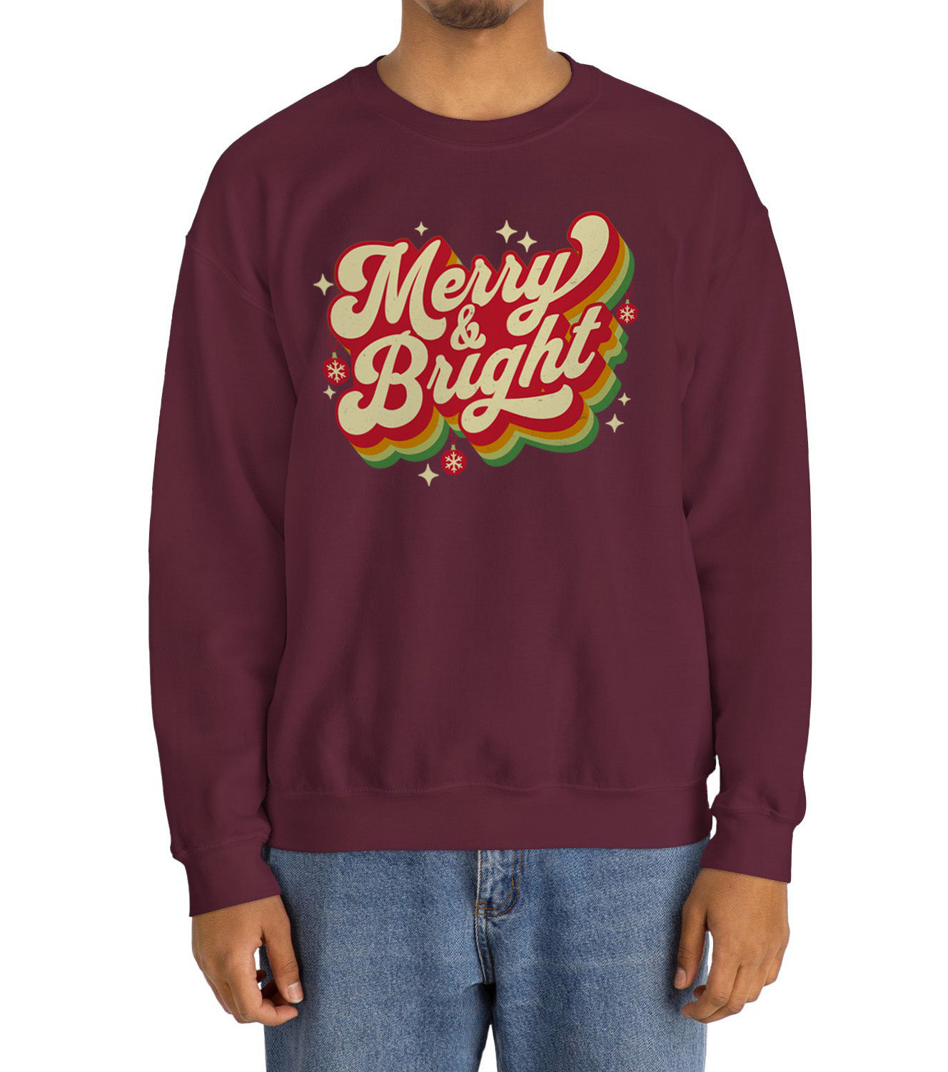 Cozy Unisex Christmas sweatshirt with warm fleece and festive “Merry & Bright” print BimBangDesign