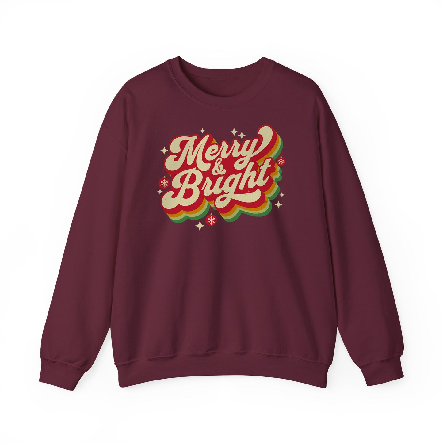 Maroon Cozy Unisex Christmas sweatshirt with warm fleece and festive “Merry & Bright” print BimBangDesign