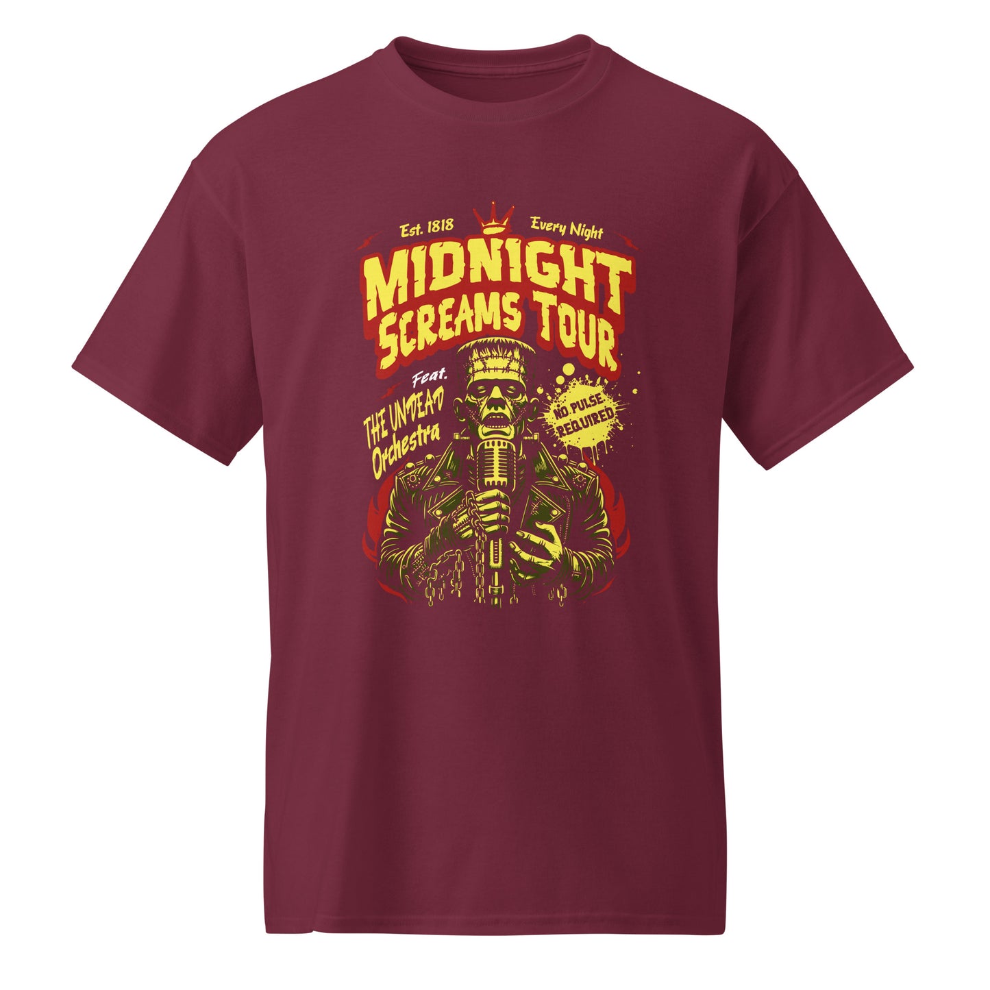 Maroon Midnight Screams Tour t-shirt – Frankenstein concert poster design – BimBangDesign