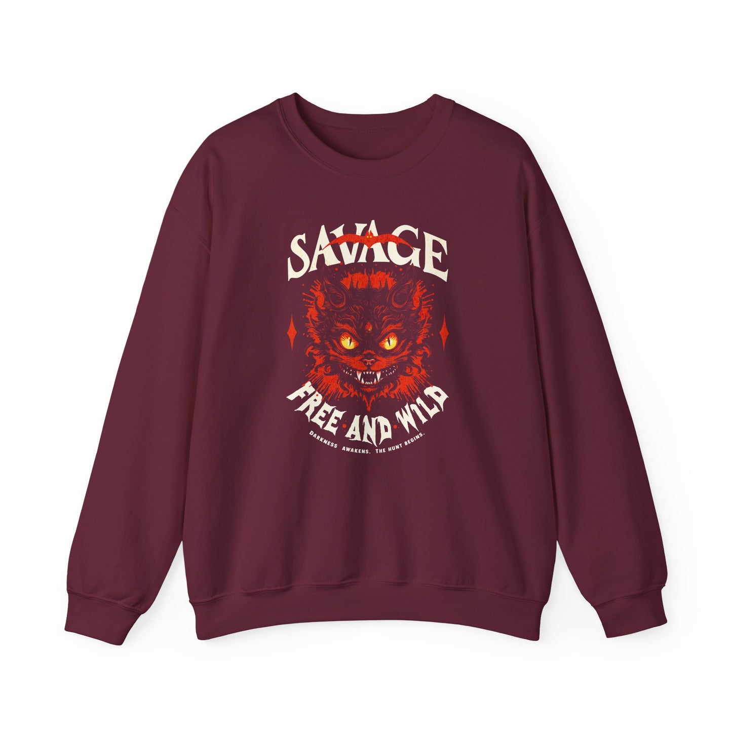 maroon Unisex “Savage – Wild & Free” sweatshirt by BimBangDesign — cozy fleece crewneck with bold wild spirit print, perfect for everyday wear.