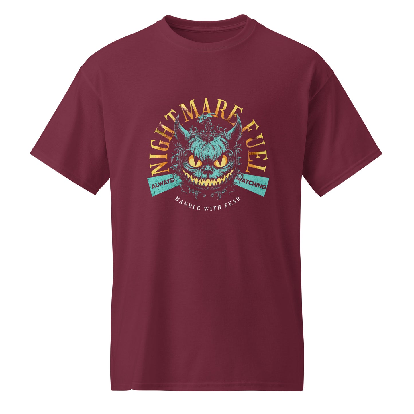 Maroon Unisex t-shirt with a creepy-cute monster design and the text “Nightmare Fuel”, by BimBangDesign
