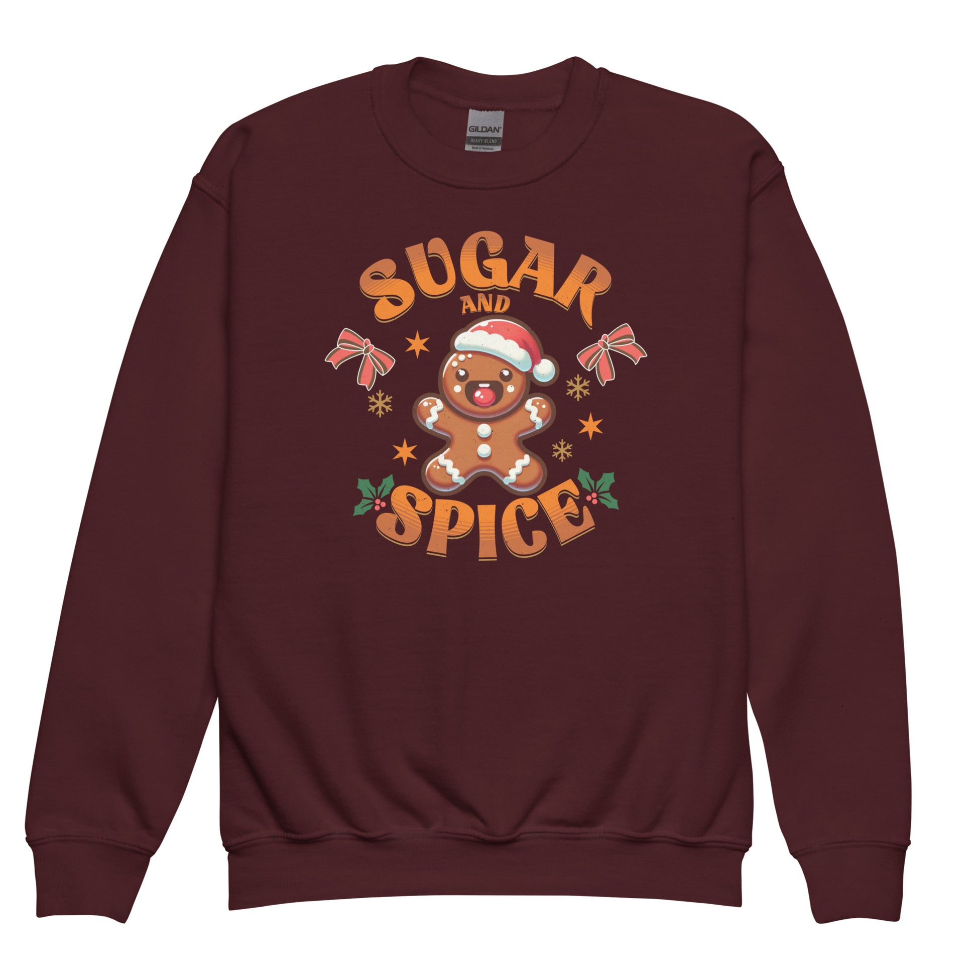 Maroon White Kids Sugar & Spice Cozy Christmas vibes Gingerbread sweatshirt – front view BimBangDesign
