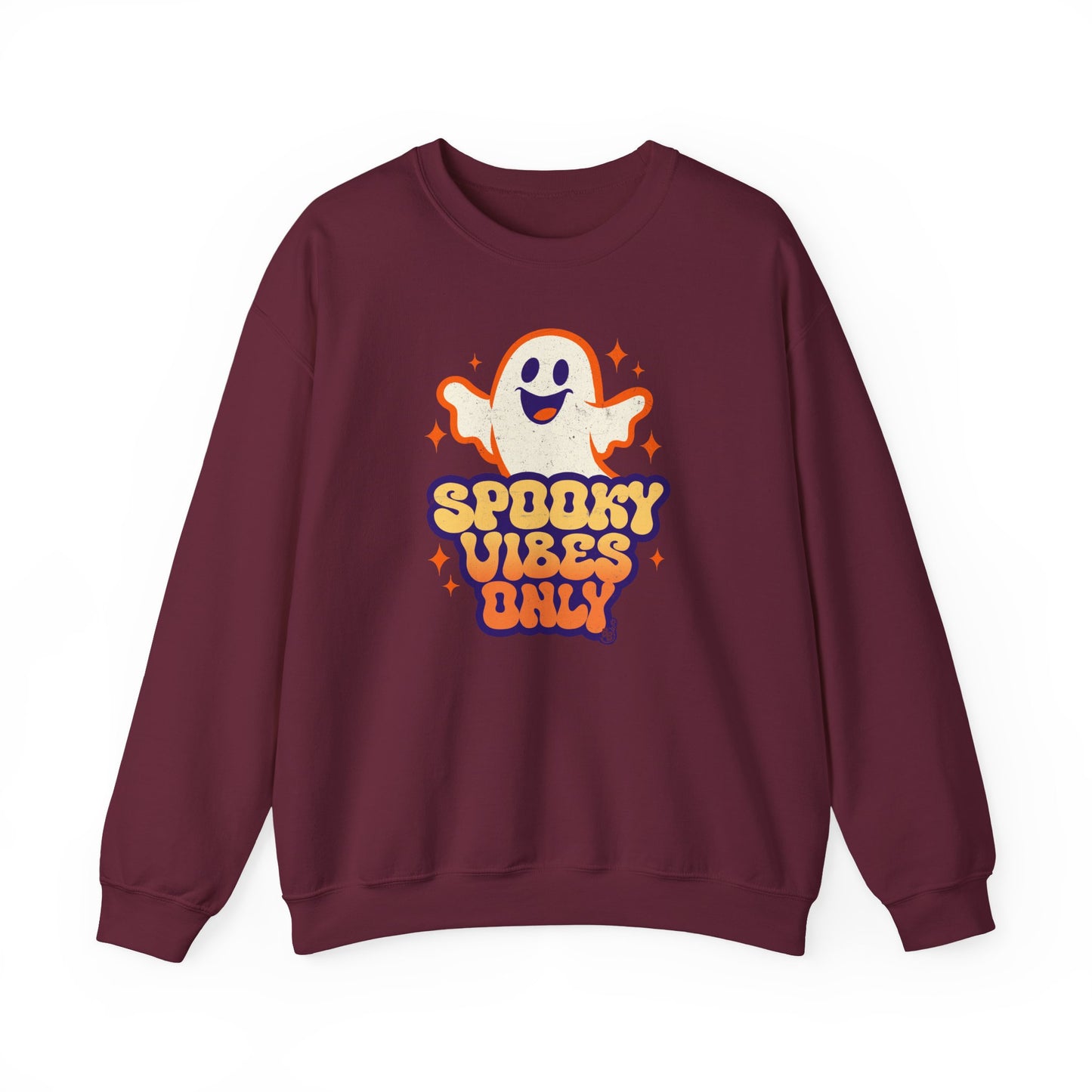 Maroon Spooky Vibes Only sweatshirt with funny ghost art for adults that love vintage halloween cartoon BimBangDesign