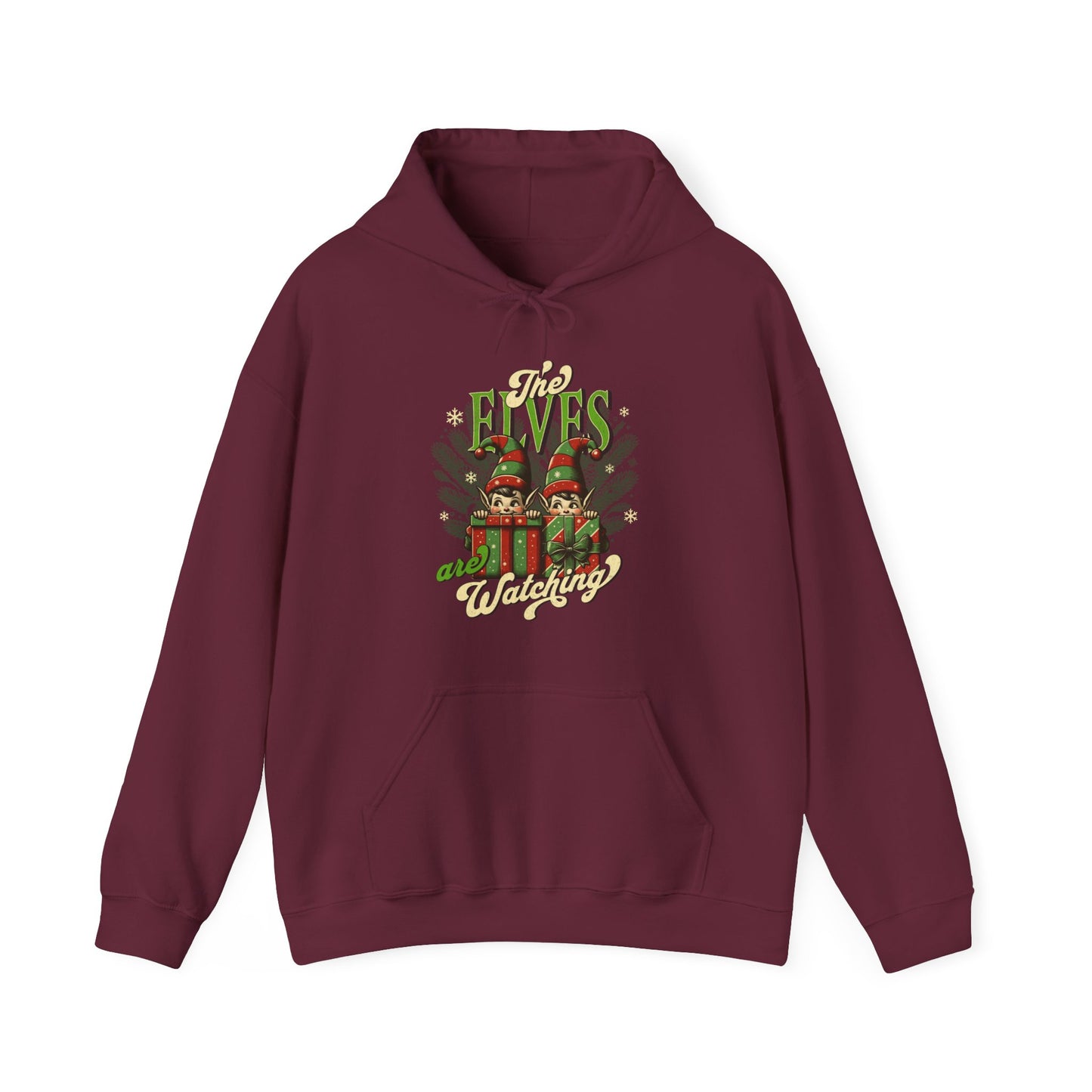 Maroon Cozy festive hoodie featuring mischievous elf-themed graphic – BimBangDesig